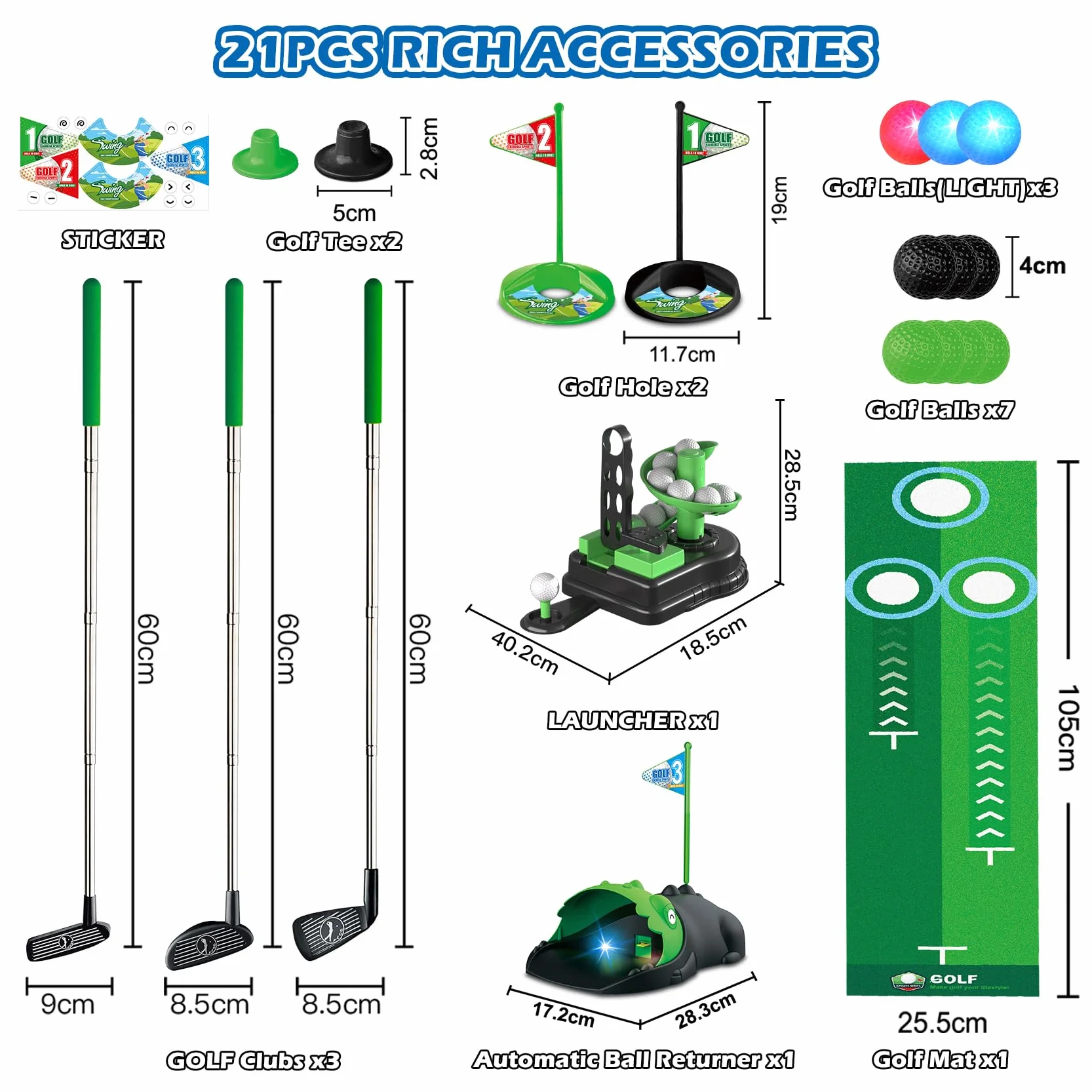 TERRAMUS Juego de Golf Infantil Mejorado, 3 en 1 con Lanzador automático de Pelotas de Dinosaurio y Pelotas con luz LED, minigolf para niños de 3 a 8 años