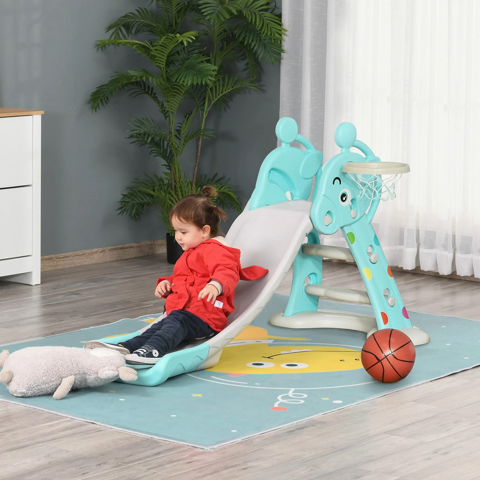 HOMCOM Tobogán para Niños +18 Meses Plegable 2 en 1 con Canasta de Baloncesto Modelo Jirafa Juguete Infantil para Interiores y Exteriores 147x82x85,5 cm Azul y Gris