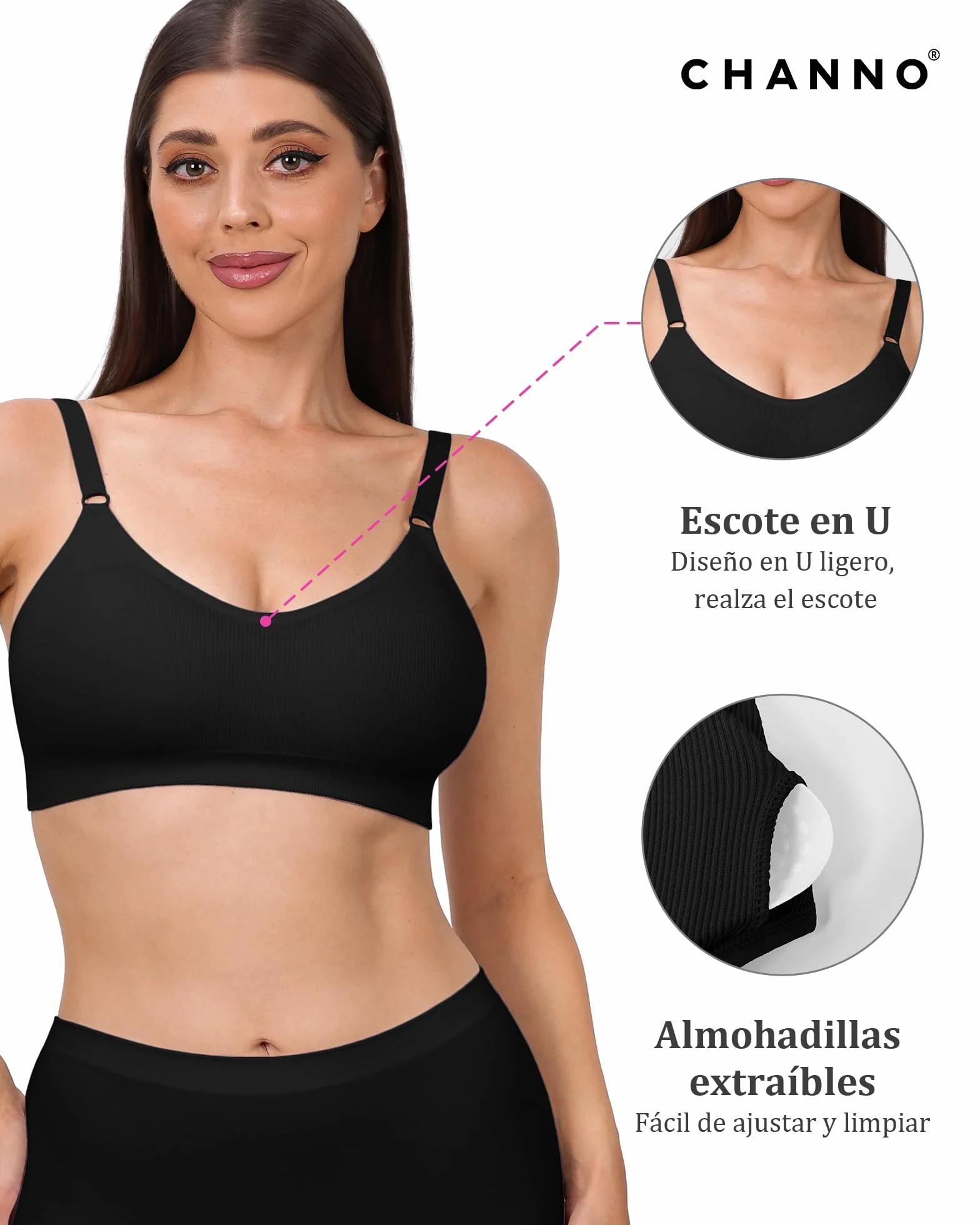 Sujetador Deportivo sin Aros Tela Licra Canalé Tirantes Ajustables Cierre Espalda sin Costuras Pack 3