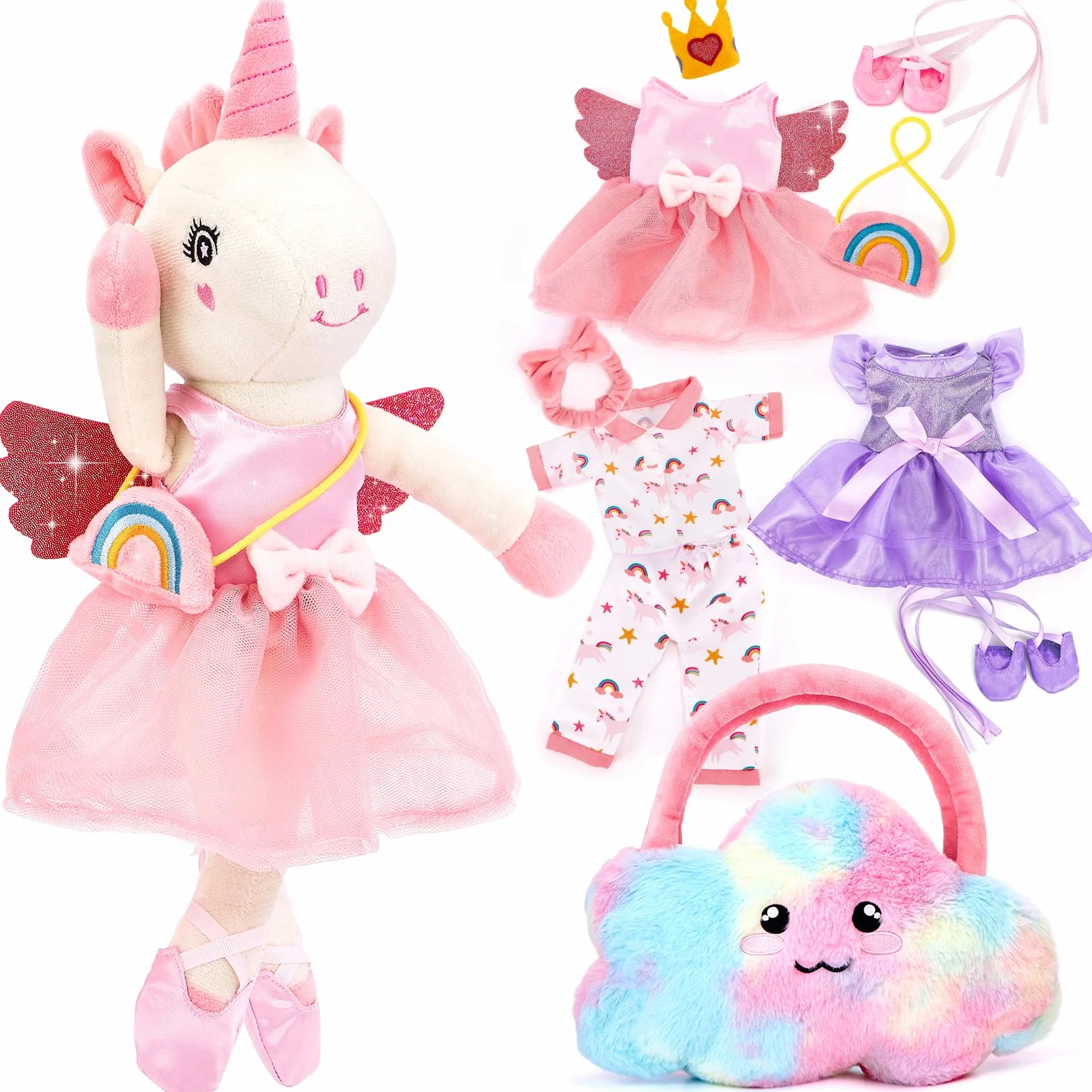 hahaland Unicornio Peluche Juguete Niña 3 años con 3 Set de Ropa y Bolsa