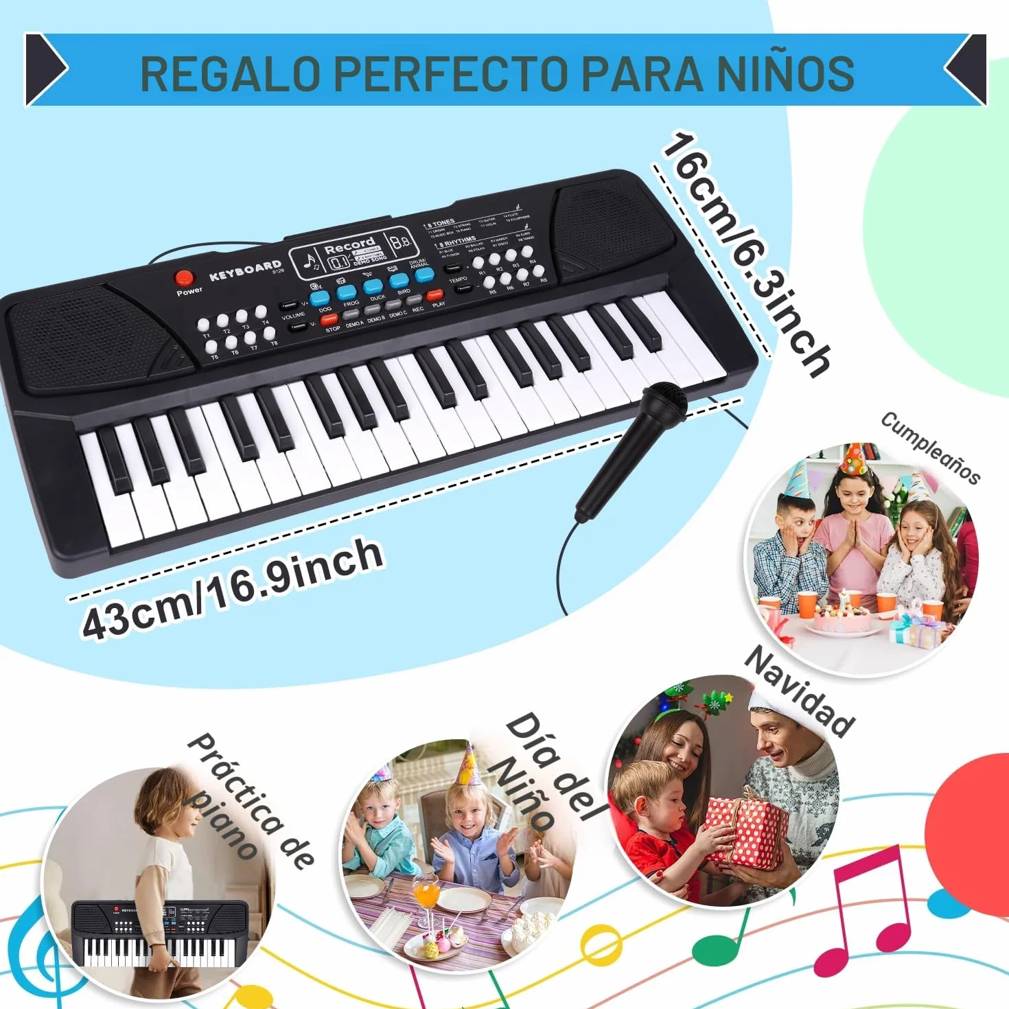 Teclado de Piano de 37 Teclas para niños de 3 a 5 años, con micrófono, Ideal para Principiantes, niños y niñas de 3 4 5 6 años