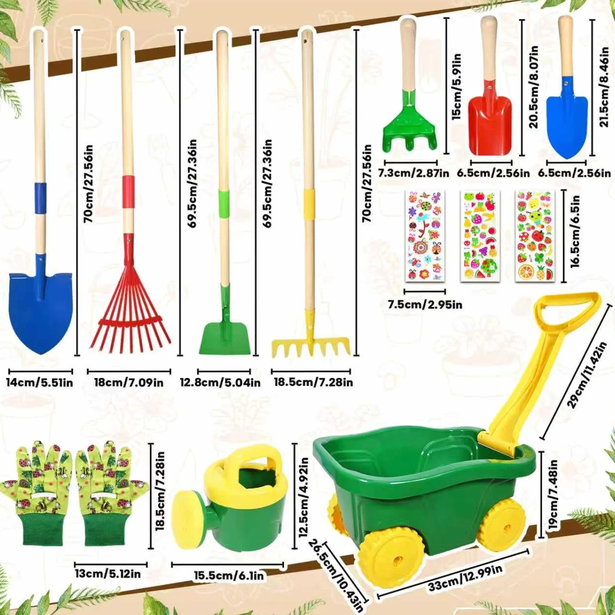 Carretilla para Niños, 13pcs Carretilla Niño Set Jardinería, Juego Herramientas de Jardín para Infantil con Pala, Escoba, Rastrillo y Rastrillo de Hojas, Pulverizador Juguetes de Arena Exterior (B)