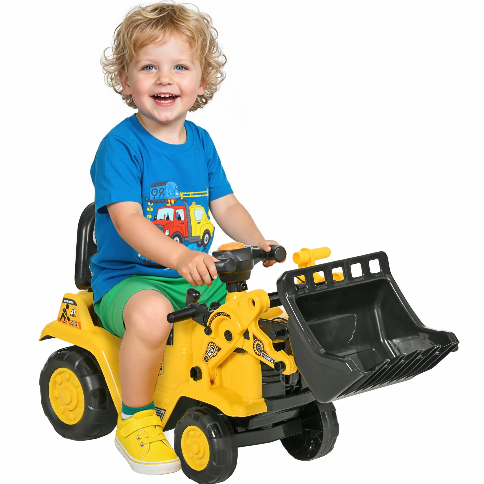 HOMCOM Tractor a Pedales para Niños de 18 a 48 Meses, Excavadora para Niños con Pala Delantera, Bocina, Volante y Compartimento Oculto bajo el Asiento, Carga 30 kg, 80x26,5x39 cm, Amarillo