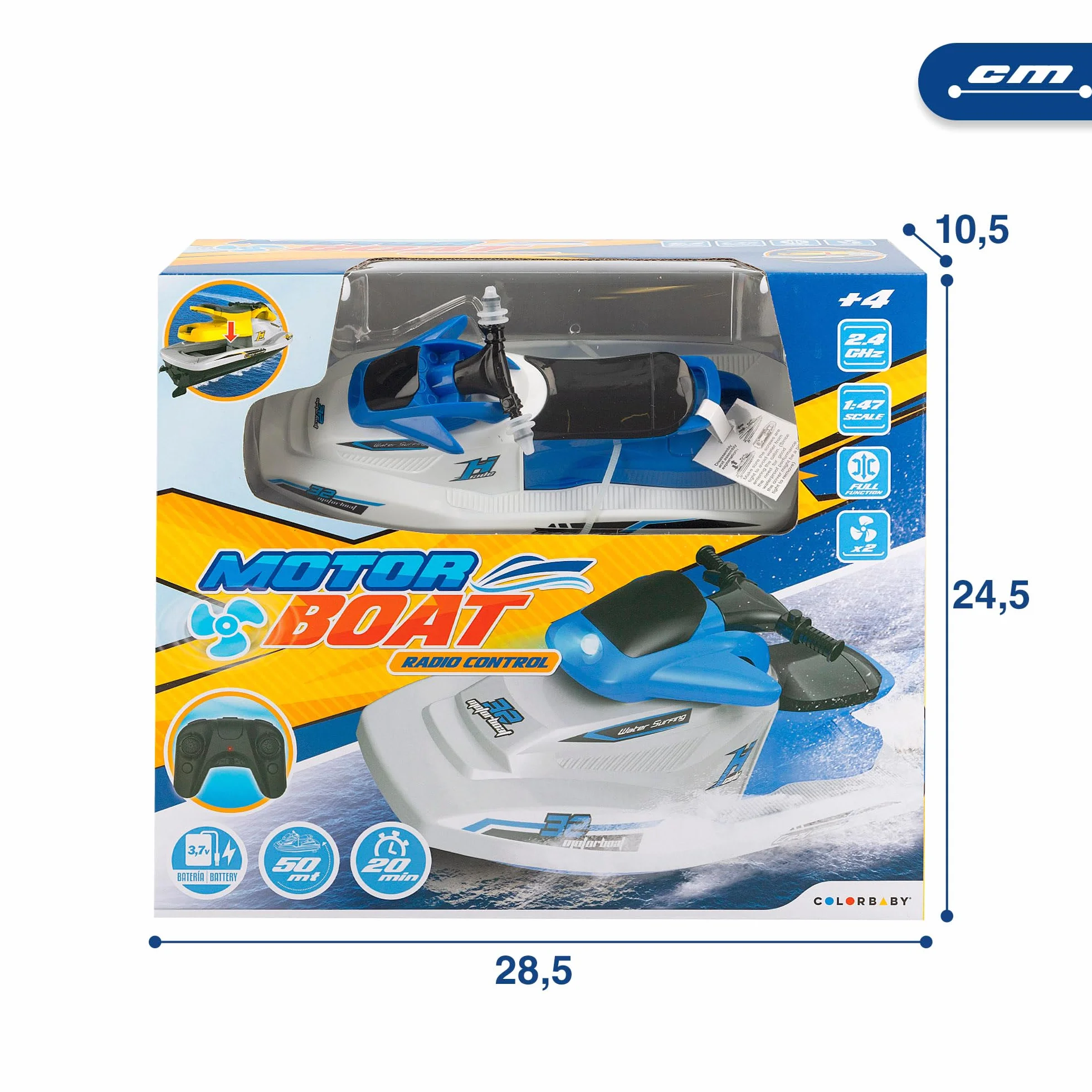 ColorBaby 49987 Motor Boat Moto de Agua teledirigida, Escala 1:47, Contiene 2 Piezas, batería incluida, Barcos teledirigidos, Moto de Agua RC, radiocontrol, Juguetes para niños