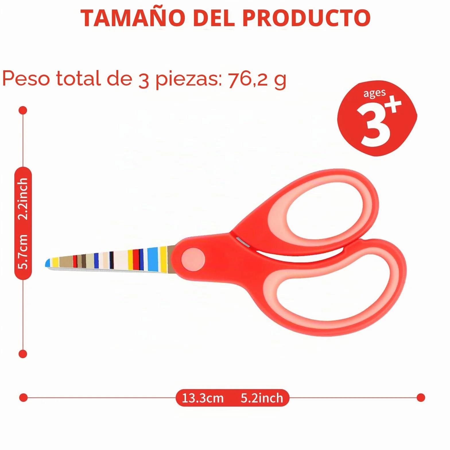 Tijeras para zurdos, tijeras de seguridad para niños, cuchillas de acero inoxidable, empuñaduras suaves, para uso con niños de 3 años en adelante, rosa, azul, rojo, paquete de 3 pares