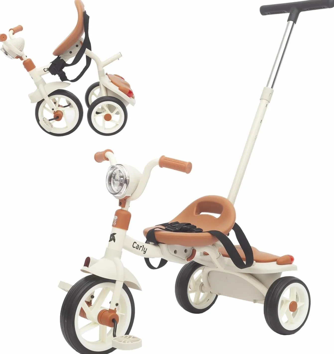 Twinly Triciclo Evolutivo Plegable Carly, Blanco, 1-5 Años | Ligero y Compacto, Manillar con Luz y Sonido, Cesta Incluida, Barra de Empuje Ajustable