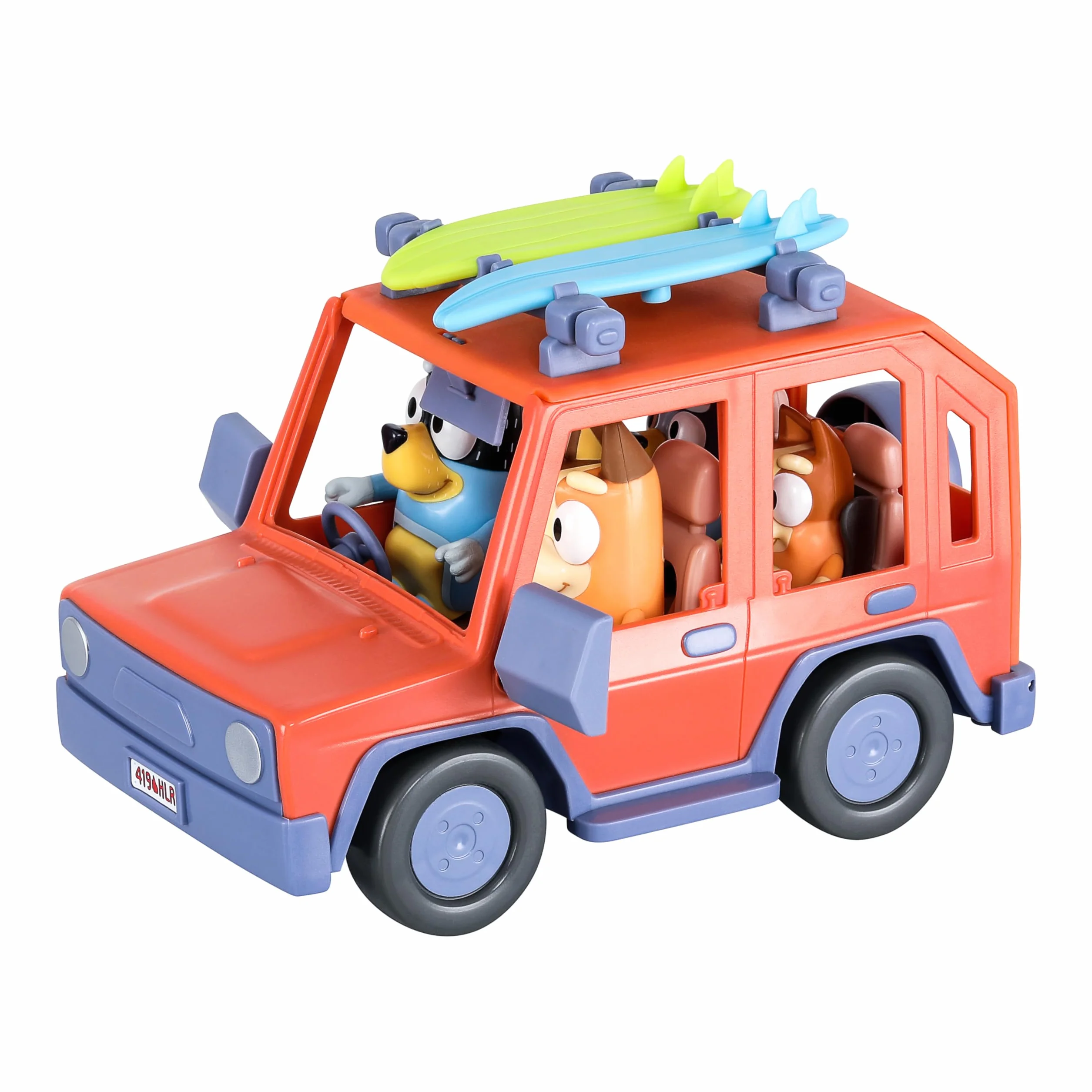 Bluey Pack del Todoterreno Familiar de los Heeler y 4 Figuras, Figuras de 6,3 cm, 2 Tablas de Surf y Pegatinas