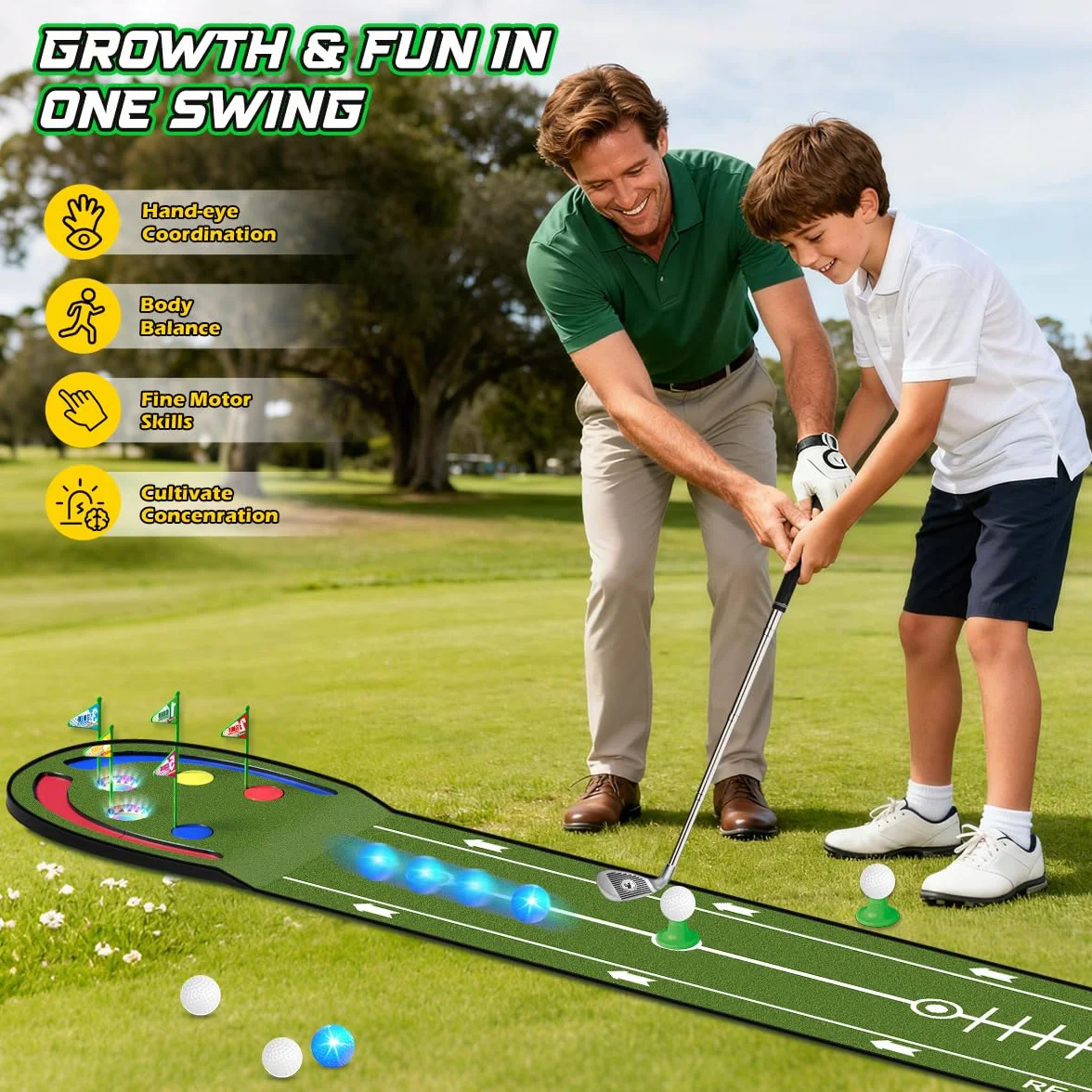 TERRAMUS - Tapete de Golf Mejorado para niños, Green de 2,3 m con Hoyos iluminados con LED, Bolas Brillantes, 2 Palos, Juego de Golf de Juguete, tapete de Golf para Interior y Exterior
