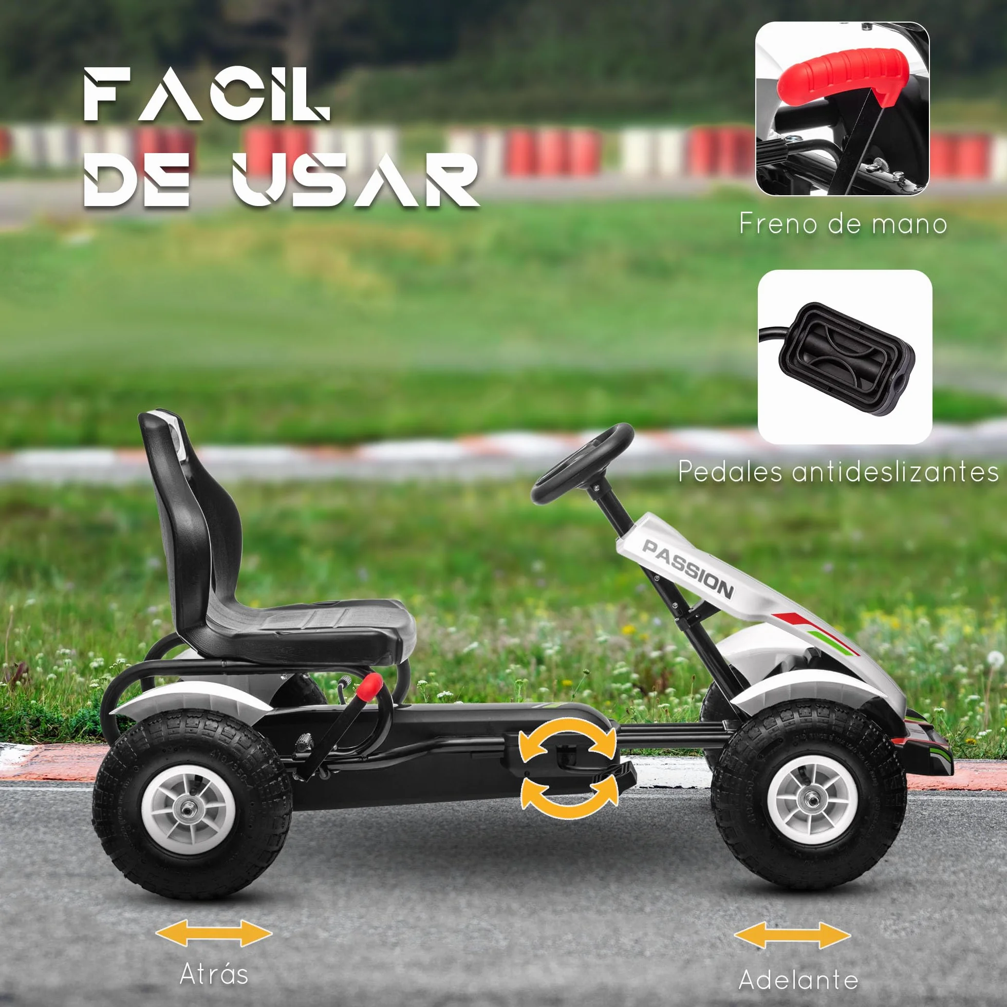 HOMCOM Go Kart a Pedales para Niños de +5 Años Coche de Pedales Infantil con Asiento Ajustable Neumáticos de Goma Freno de Mano para Niños y Niñas Carga 50 kg 121x58x61 cm Blanco