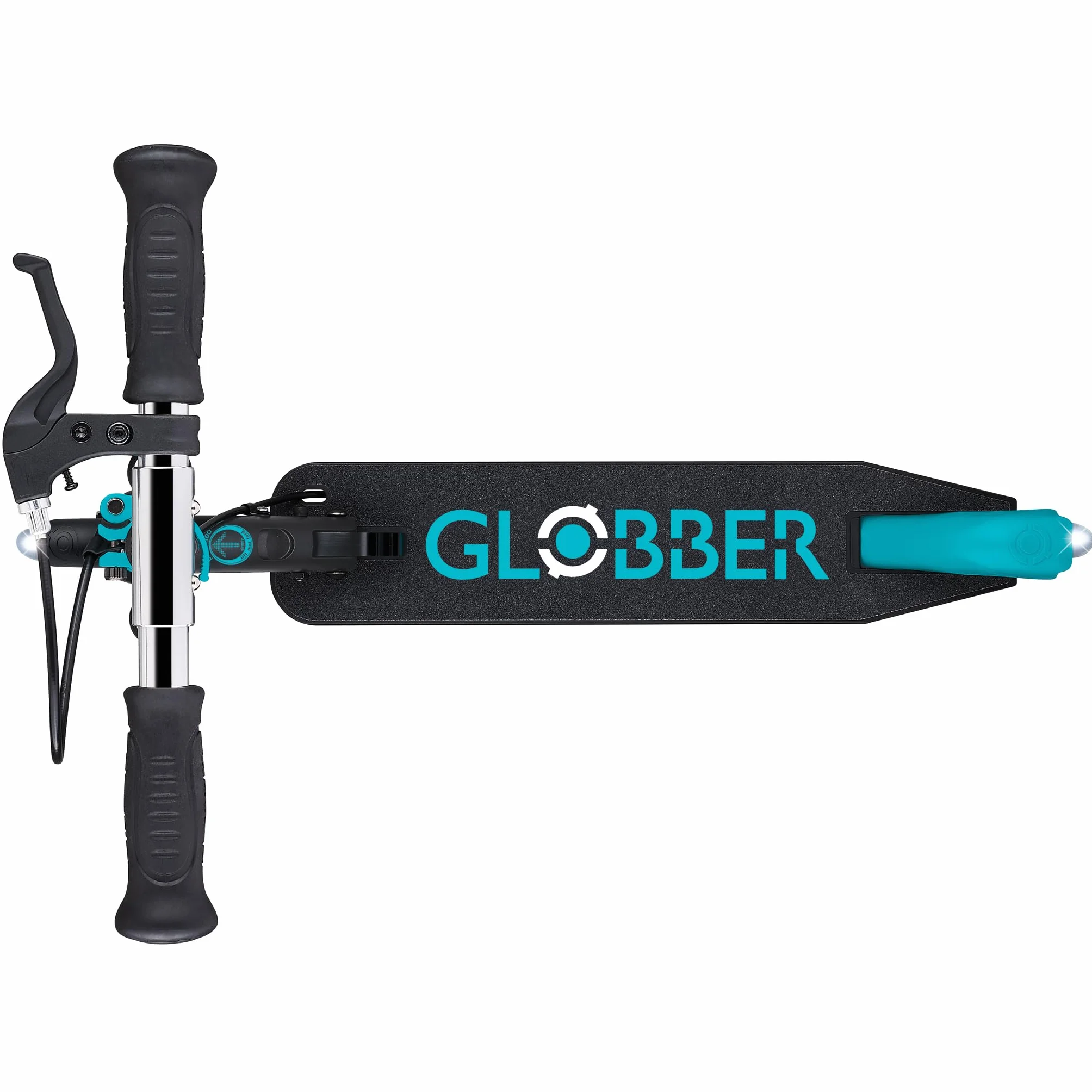 Globber - Flow Element Junior Lights - Patinete Plegable de 2 Ruedas con Freno Trasero, Manillar Ajustable y Luces LED, para niños Desde los 4 años - Azul Turquesa
