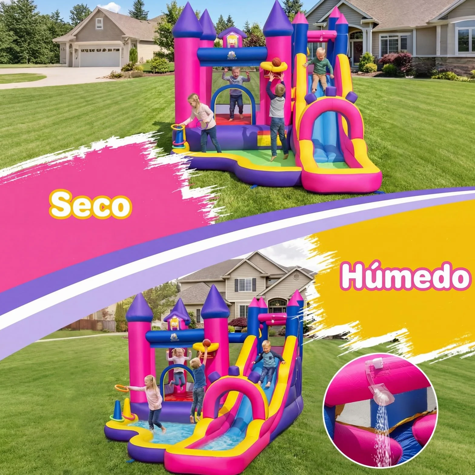 COSTWAY Castillo Hinchable para Niños, Parque Infantil Acuático Tema de Princesas con Tobogán Largo, Canasta de Baloncesto, insuflavel criança para Niños, Jardín, Césped, 460x290x245 cm (sin Soplador)