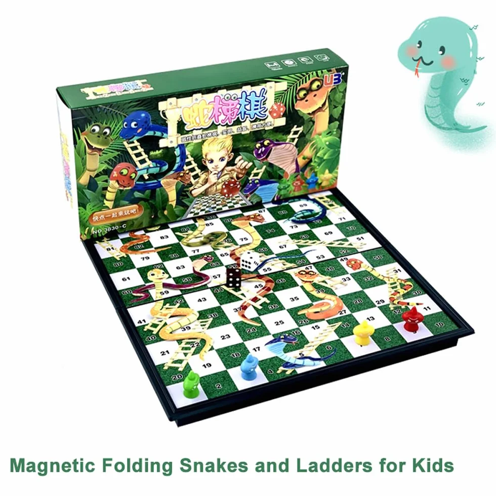 POFET Juego de Mesa Plegable magnético Snakes and Ladders, Juego de diversión Familiar