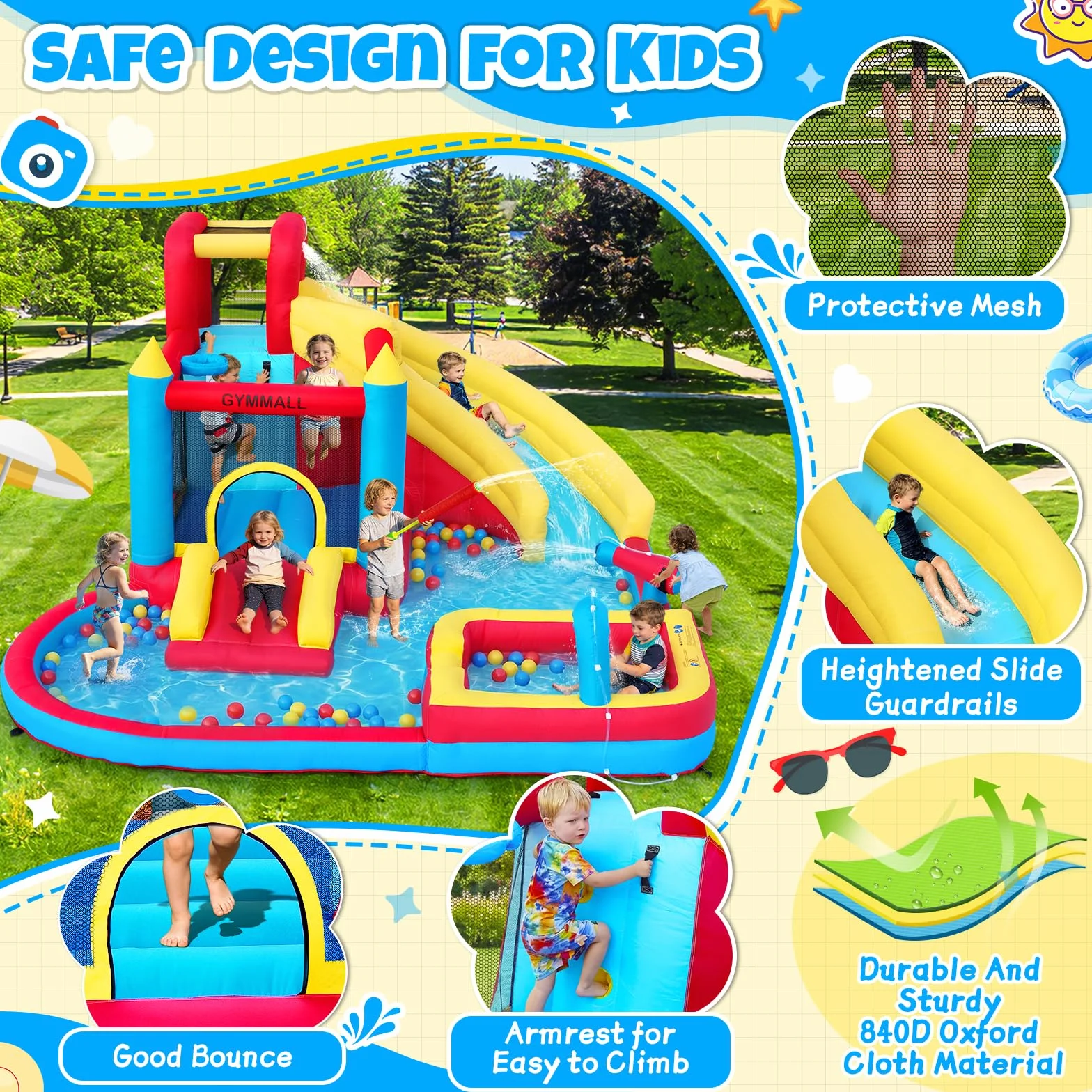 Castillo Hinchable para Niños, 8 en 1 con Soplador 480W, Tobogán Largo, Pared de Escalada, Trampolín y Zona de Chapoteo, Ideal para Uso Interior y Exterior en Vacaciones