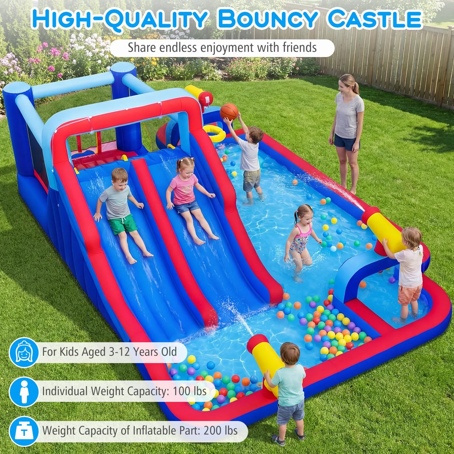 GOPLUS Castillo Hinchable, Castillo Inflable 2 en 1 con Pared de Escalada, Cañones, Piscina de Chapoteo y Tobogán Acuático, Casa de Saltos Infantil para Interior y Exterior, Soplador No Incluido