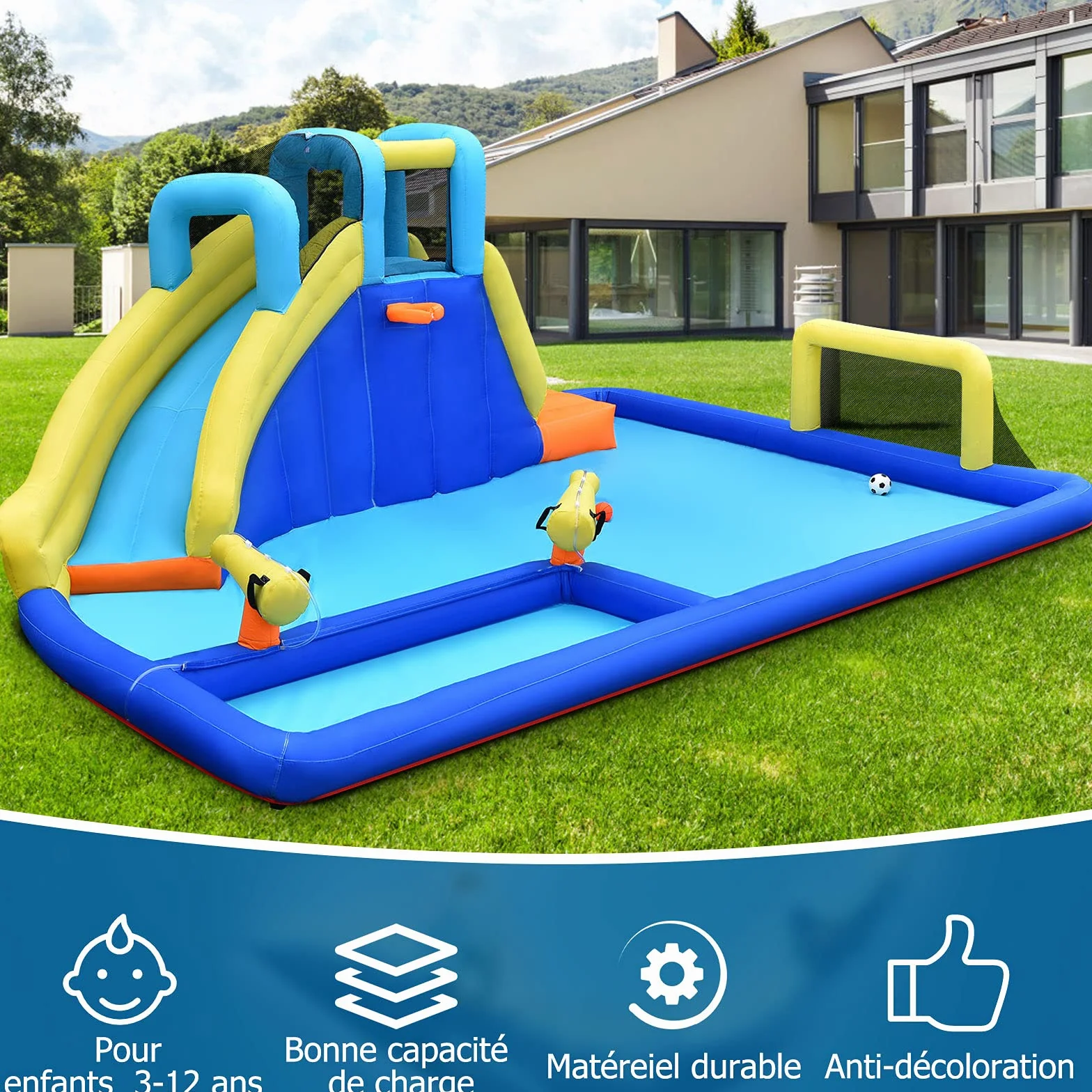 GOPLUS - Castillo hinchable con tobogán y pistola de agua, zona de juegos acuática con entretenimiento múltiple, ideal para niños mayores de 3 años (con soplador de 680 W)