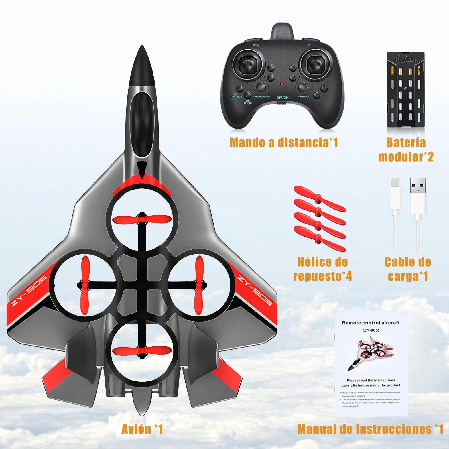 JONRRYIN Avión Teledirigido, 2.4 GHz Aviones de Radiocontrol con Baterías y Estabilizador de Giroscopio de 4 Ejes, Avión RC Juguete con Luz LED para Principiantes Niños Adultos (Gris)