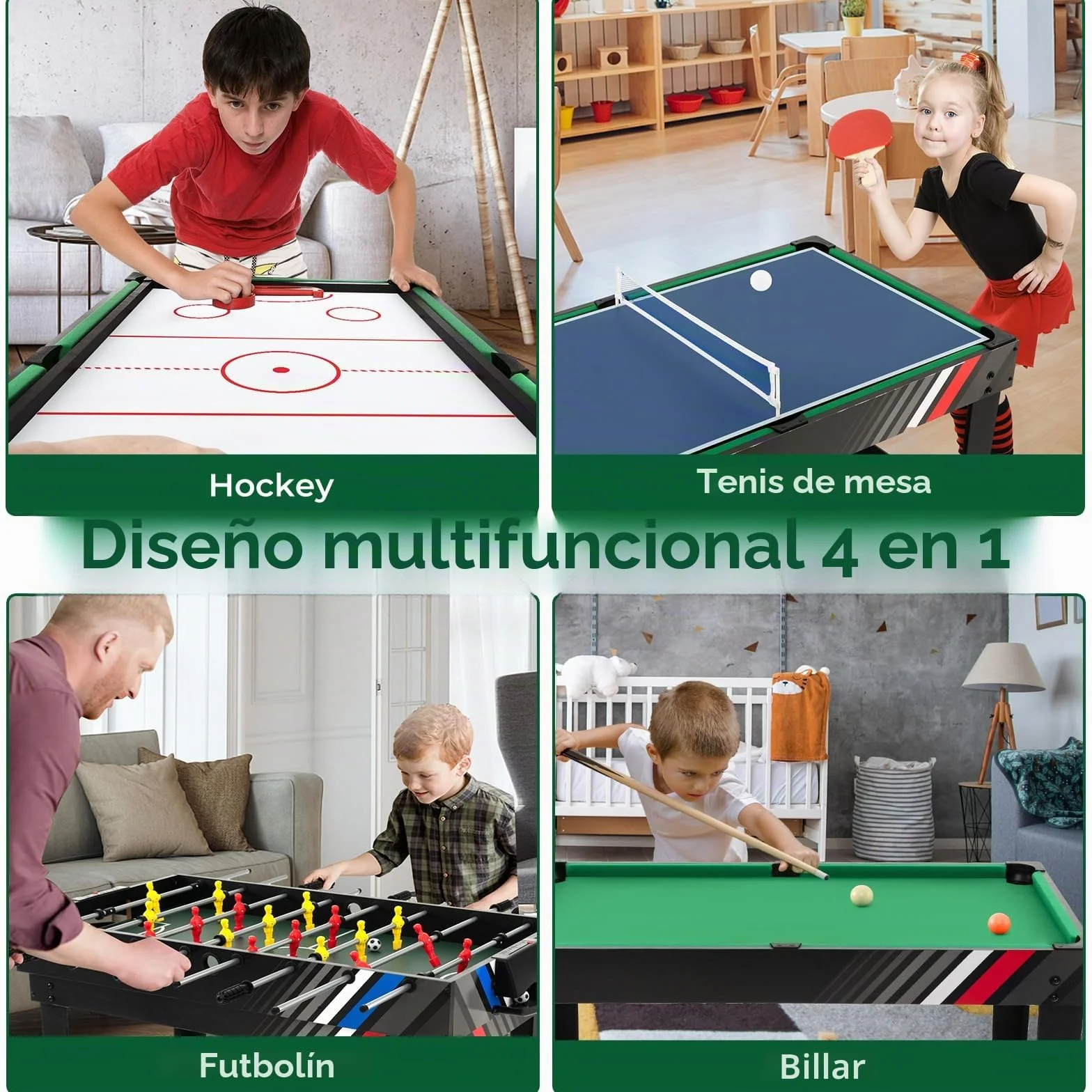 HOMASIS 4 en 1 Mesa Multijuego con Futbolín, Billar, Air Hockey y Ping Pong, Mesa de Juegos de Madera para Niños y Adultos, 125 x 97 x 83 cm, para Fiesta, Bar, Oficina
