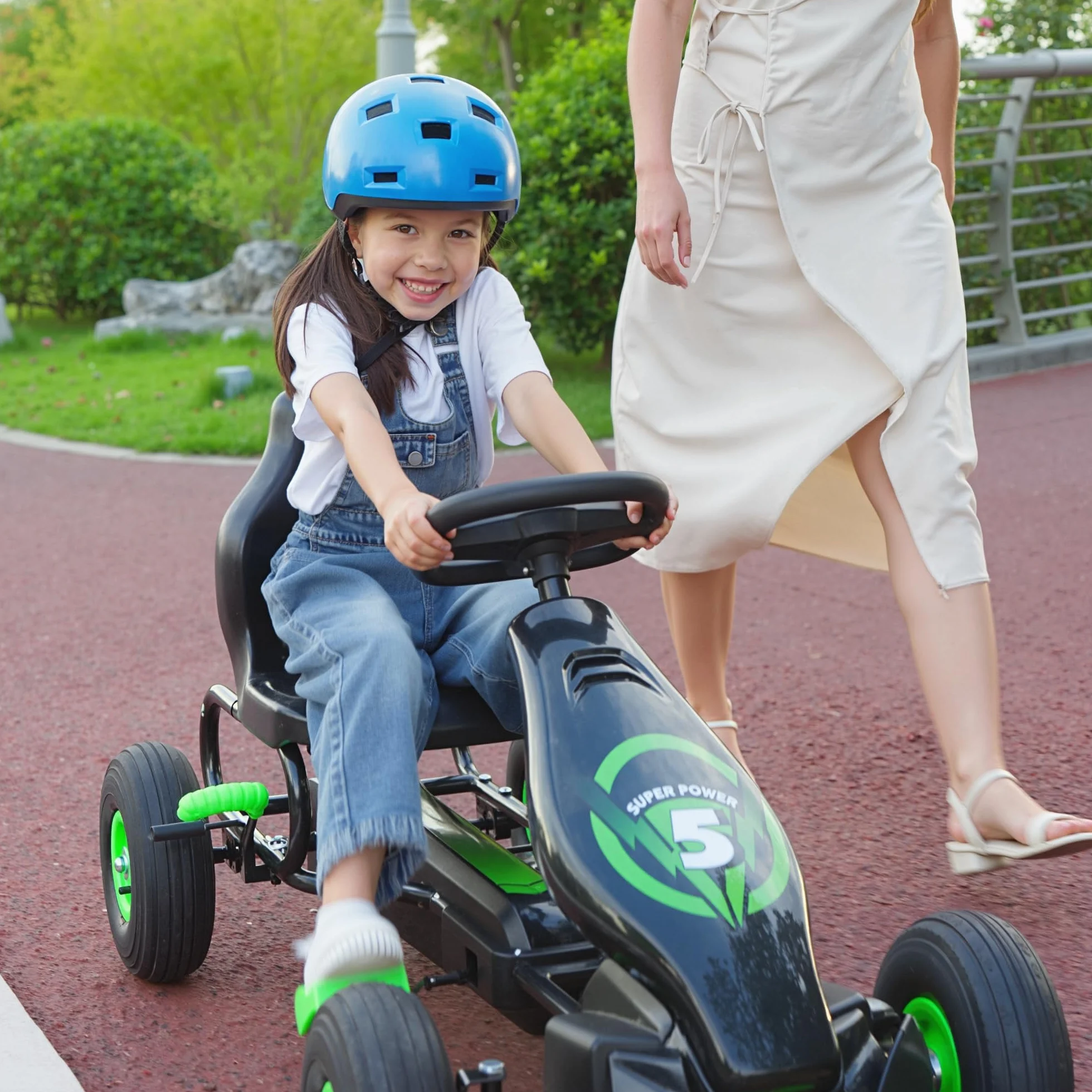 HOMCOM Kart Pedales Coche de Pedales para Niños de 5-12 Años con Asiento Ajustable Neumáticos Inflables Amortiguador y Freno de Mano Carga 50 kg Verde