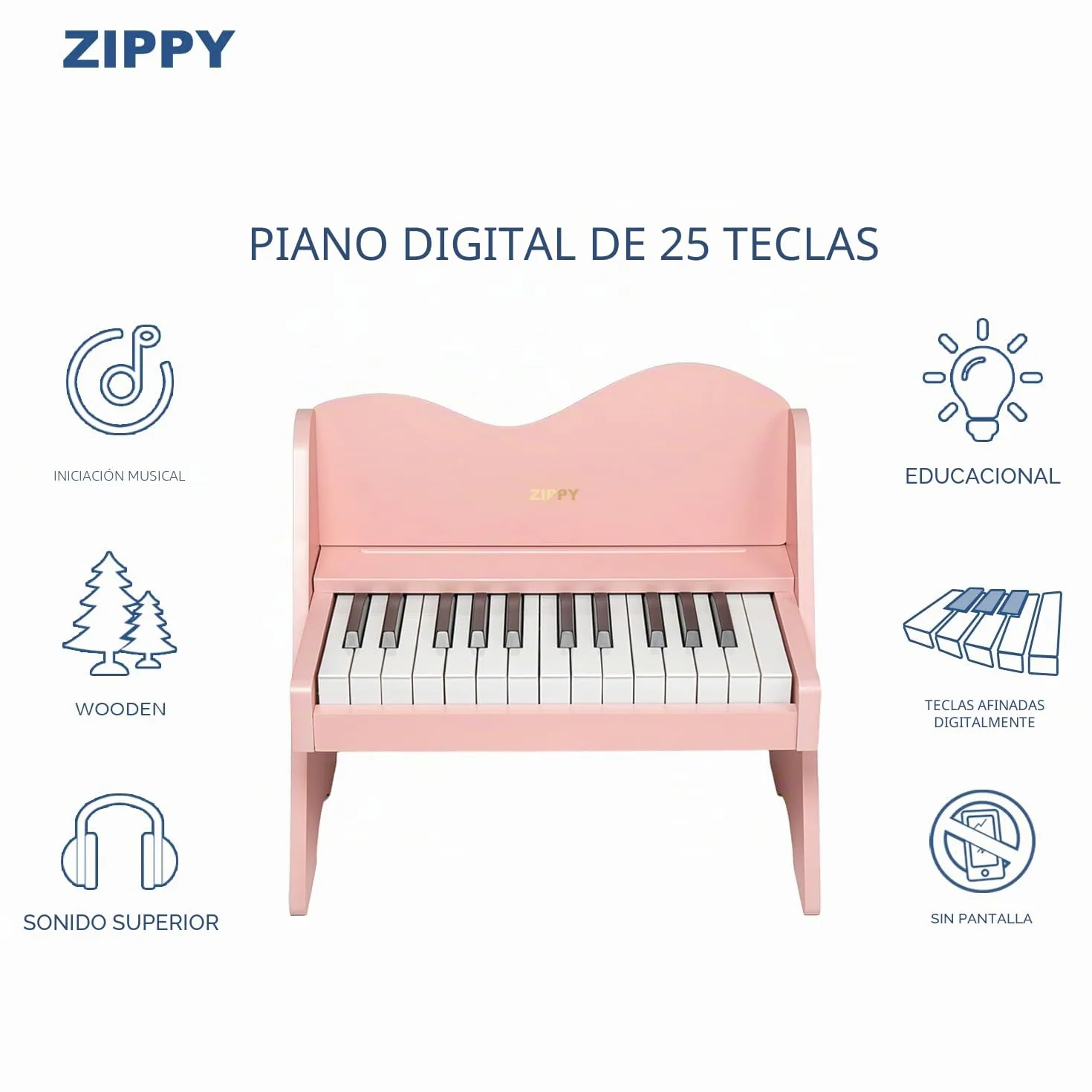 ZIPPY Teclado de Piano para niños, 25 Teclas, Volumen Ajustable, Mini Instrumento de Aprendizaje de música, Piano de Madera para niños pequeños (Rosa)