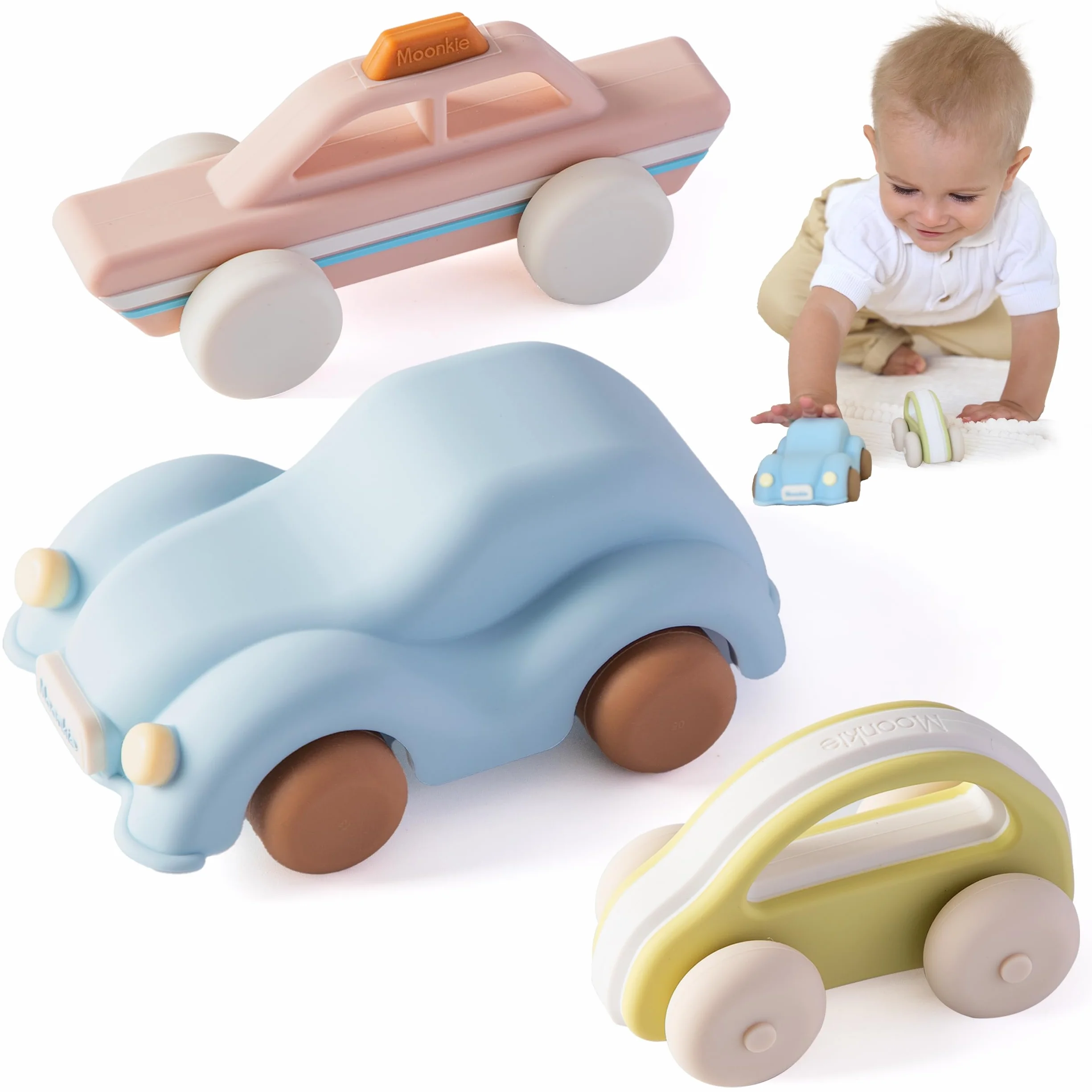 Moonkie Roll & Go Coches para Niños, Paquete de 3, Coches Juguete Silicona Blanda, Regalo Niño 6 Meses+ 1 2 3 Años, Mordedor Bebe, Juguetes Montessori, Coches para Bebes sin BPA, para Casa y Viaje