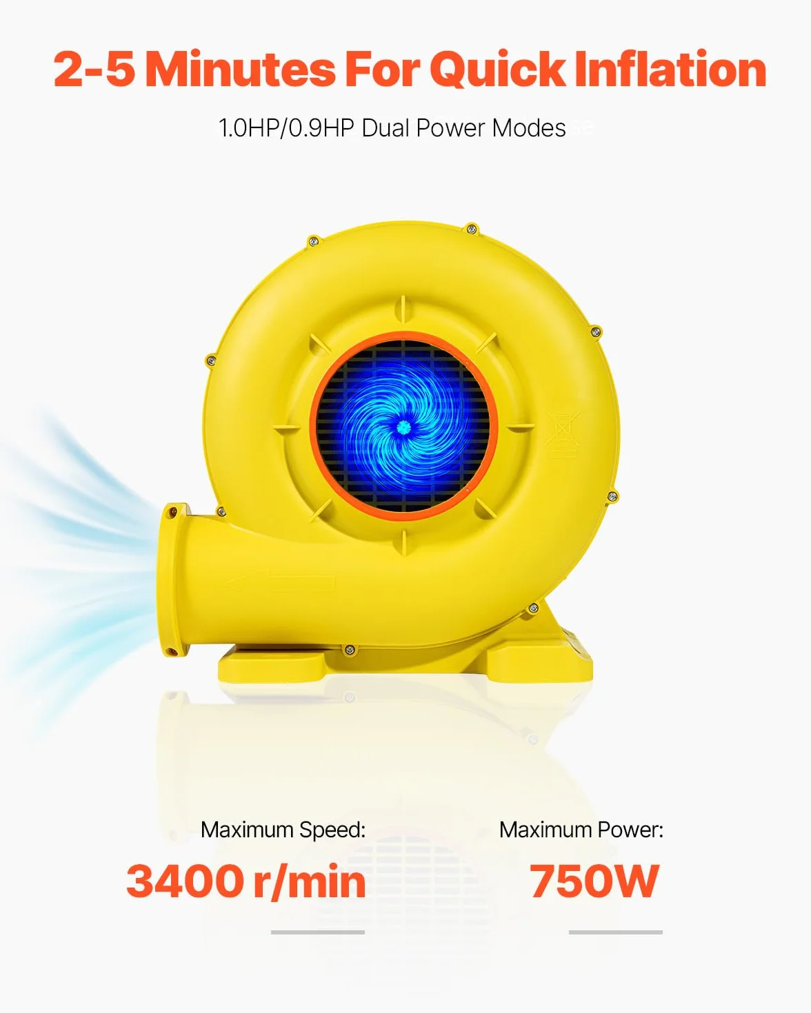 VEVOR Soplador de Aire para Castillos Inflables, 590 W y 690 W, 1,0 HP, Bomba Comercial, Ventilador Eléctrico 2750 RPM, Castillos Inflables, Toboganes de Agua, Amarillo, 360 x 230 x 370 mm