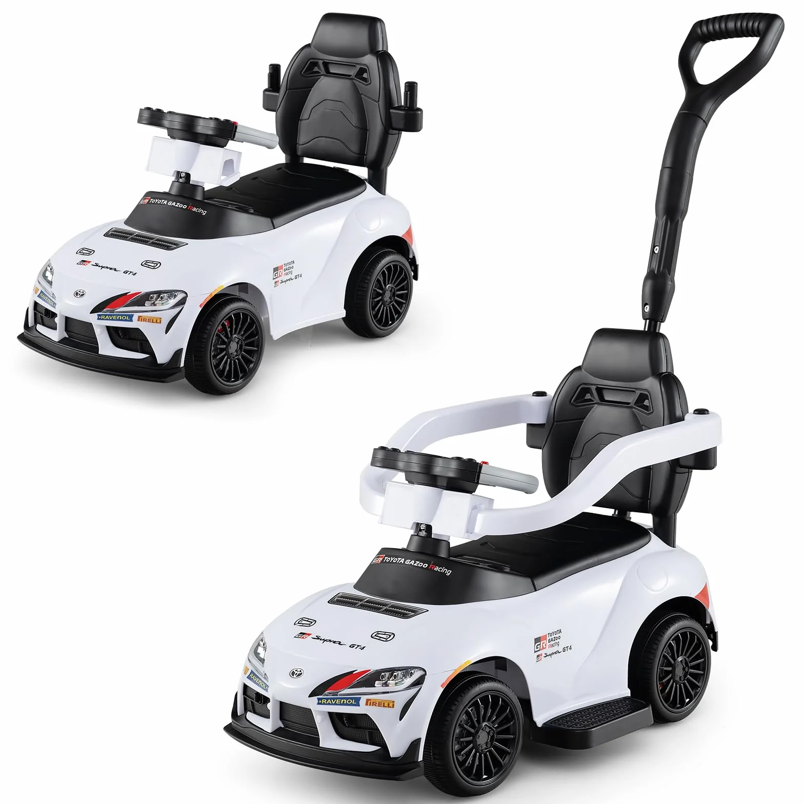 GOPLUS Correpasillo 3 en 1, Coche Correpasillos para Niños con Barra de Empuje, Barandilla de Seguridad Desmontables, Volante con Sonido y Música, Almacenaje bajo Asiento, para 1,5-5 Años (Blanco)