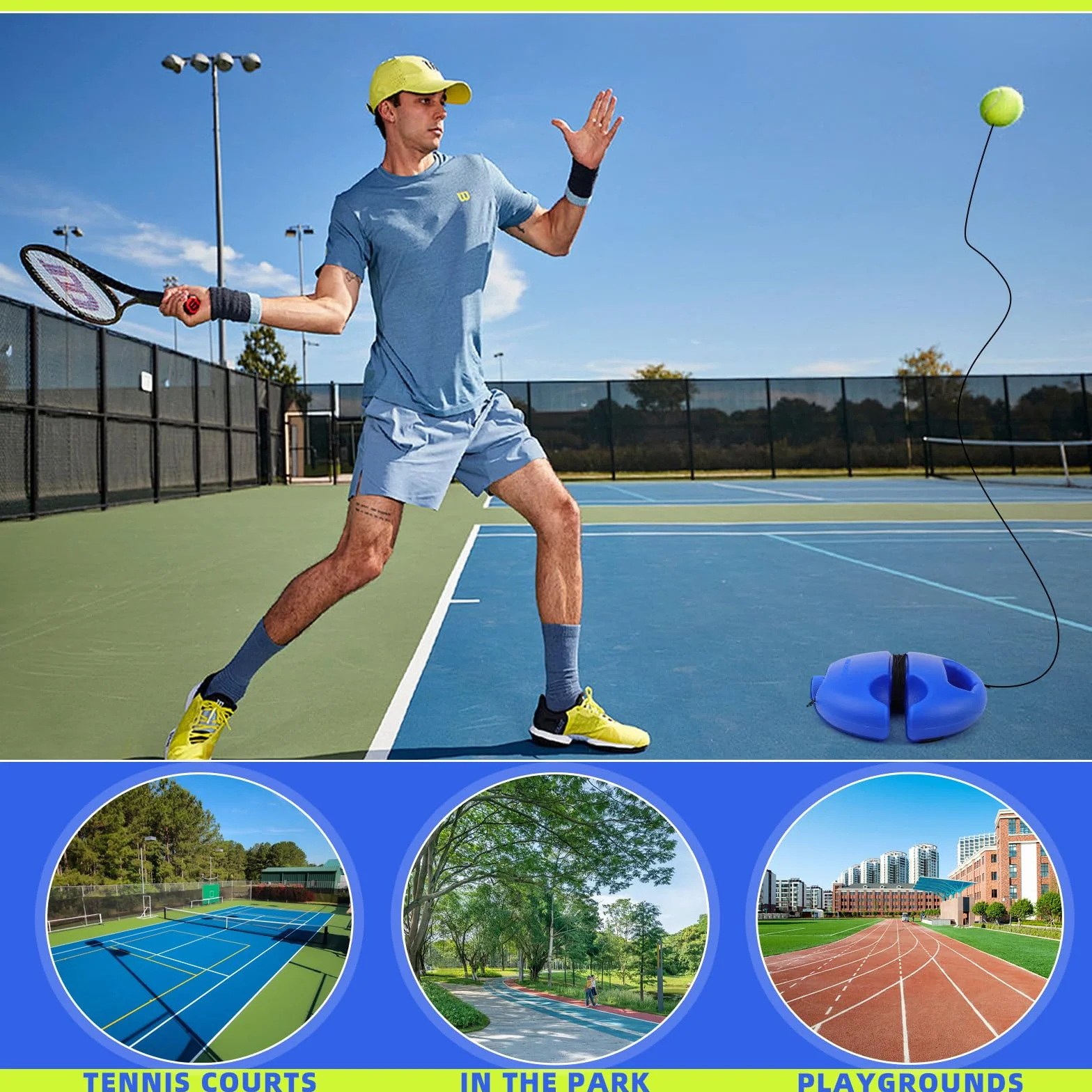 ELNLE Entrenador de tenis con 2 bolas de repuesto y cuerda para entrenamiento al aire libre