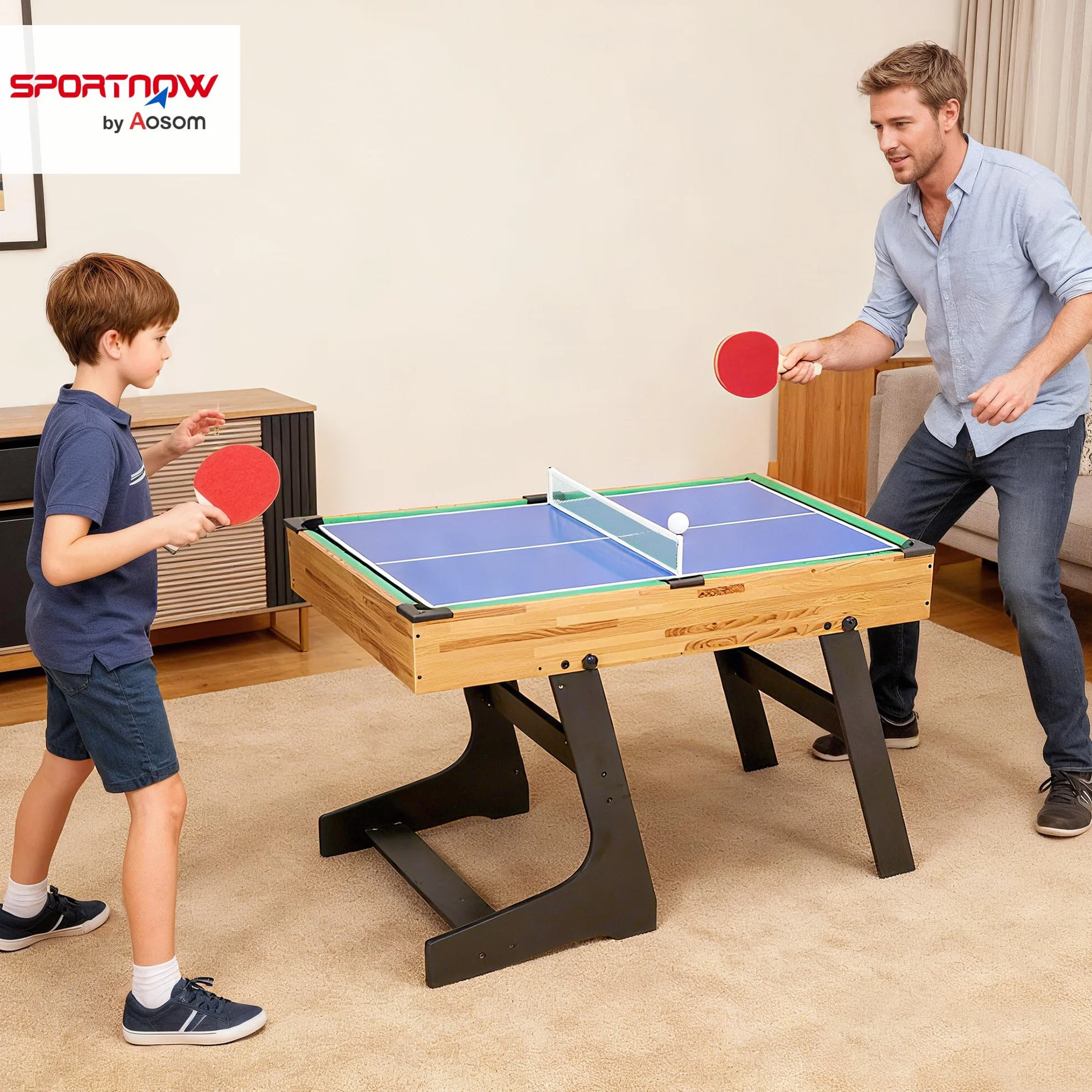 SPORTNOW Mesa Multijuegos Plegable 13 en 1, Mesa de Juego con Futbolines para Niños, Billar, Ping-pong, Hockey, Ajedrez, Damas, Backgammon y Accesorios, Diversión Familiar para Adultos y Niños Natural
