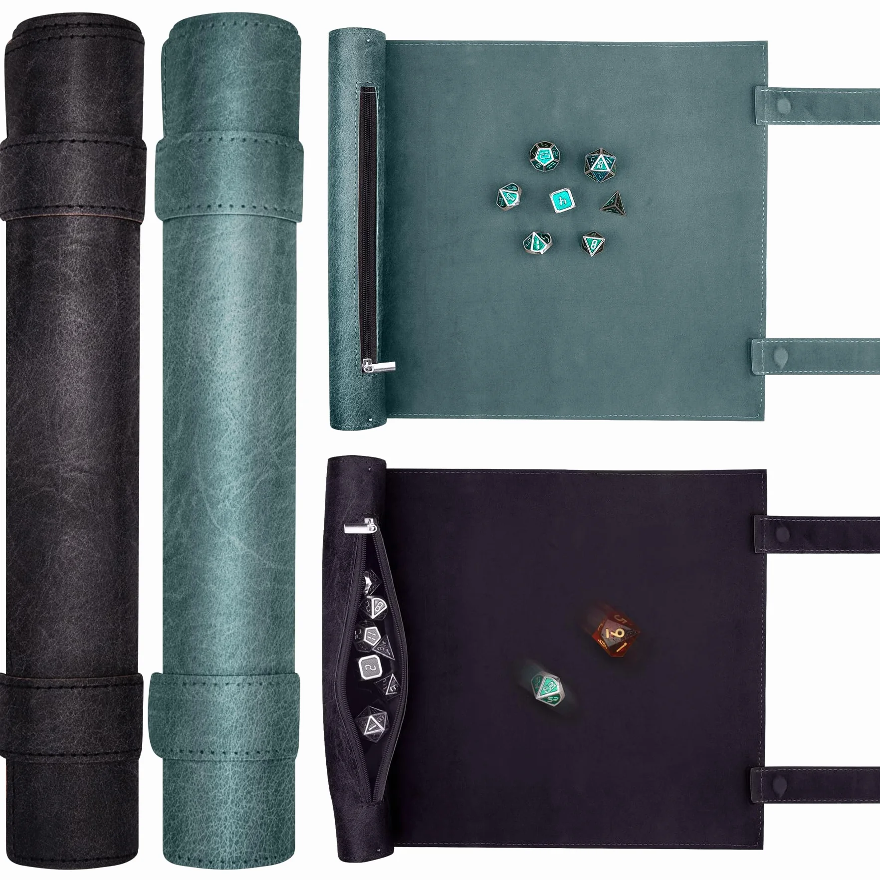 SIQUK 2 Piezas Tapete para Dados 2 en 1 Bandeja de Dados Plegable Bolsa Almacenamiento Tablero Dado Cuero PU con Cremallera para DND RPG (Cian, Negro)