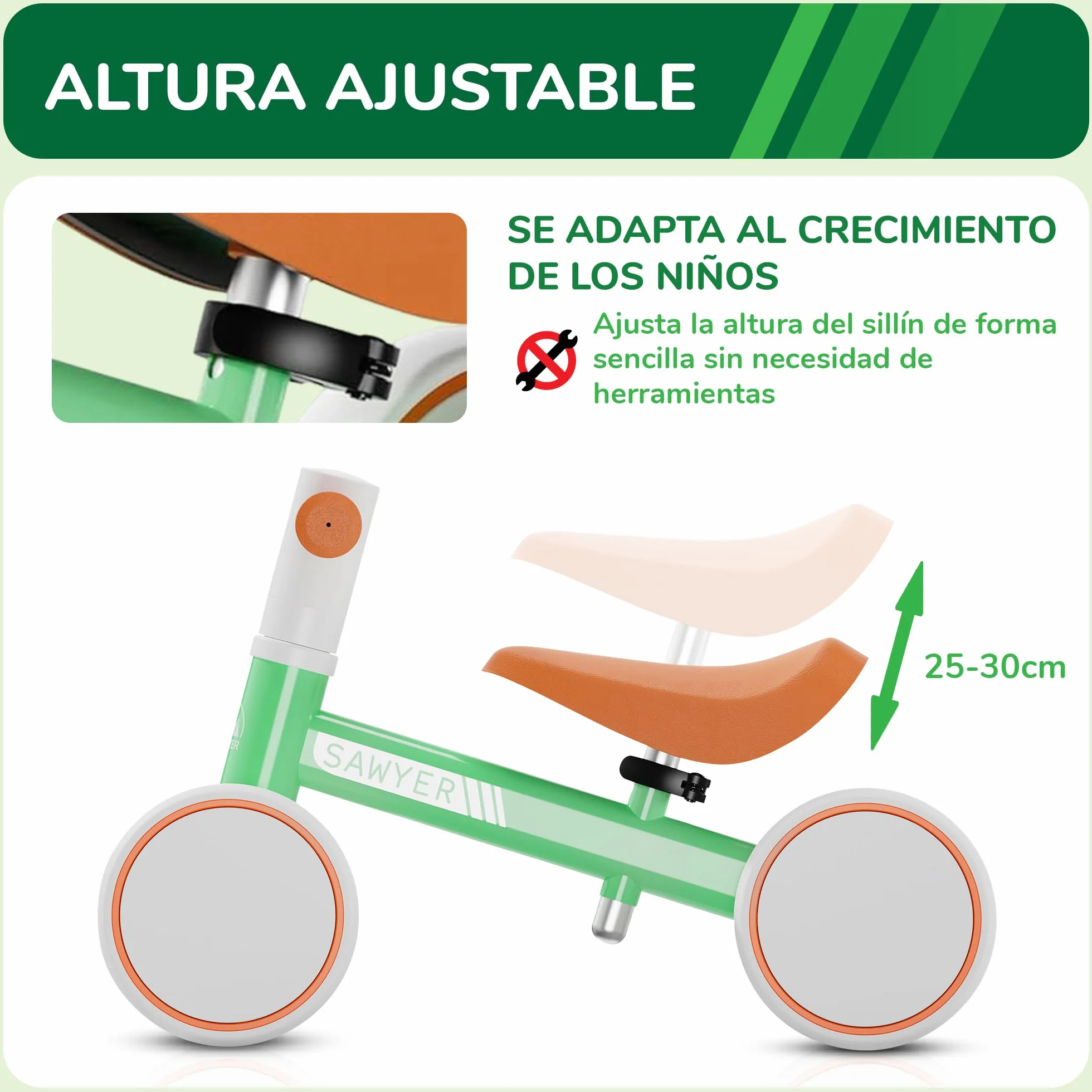 Sawyer Bikes - Correpasillos Bebe con Sillín Ajustable - Juguete Niños 1 Año (Retro V2)