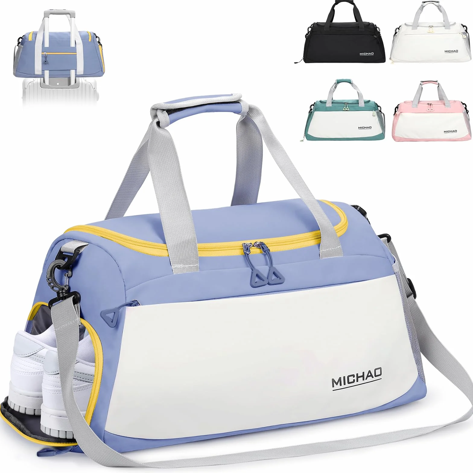 Bolsa Deporte Mujer Grande con Compartimento Zapatos y Mojado, Bolsa Viaje Mochila Gimnasio, Blanco+Azul