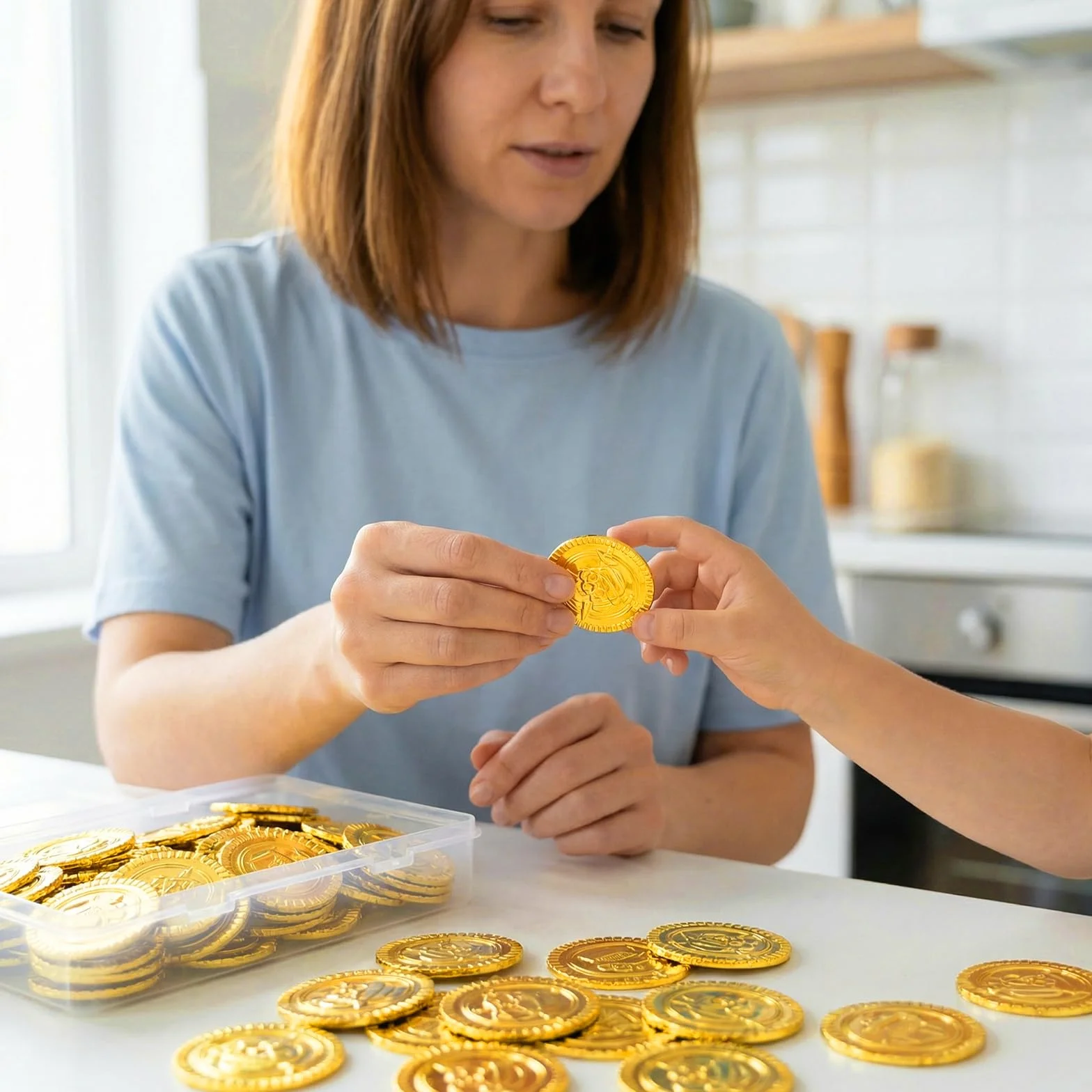 100 Piezas Piratas Monedas Juguete plástico Set | con Caja Transparente | Búsqueda del Tesoro Monedas de Oro, | Ideal para Decorar Fiestas de cumpleaños, sorteos de la Suerte, etc.