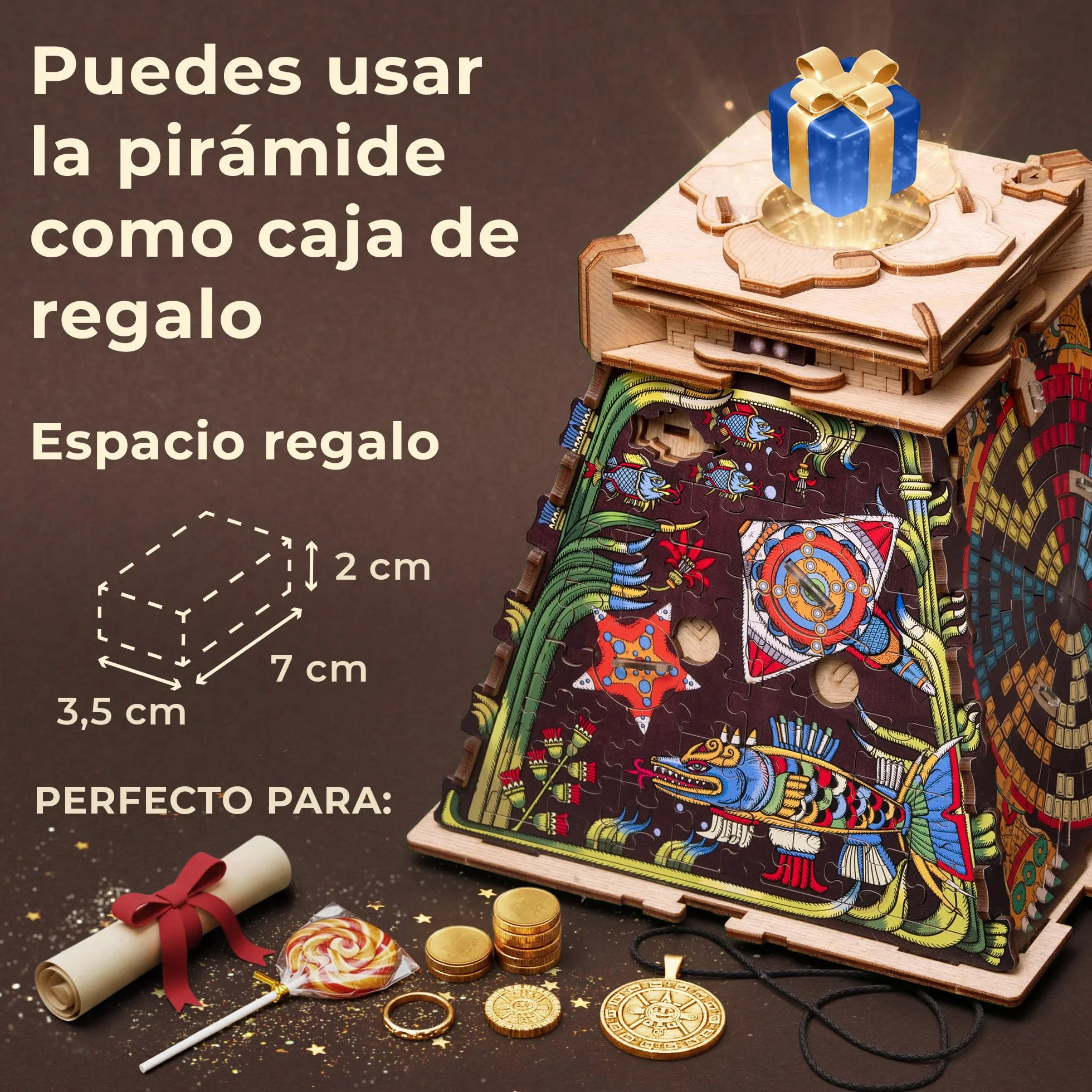 iDventure Cluepuzzle Pirámide de Sol - Juego de Escape Room con rompecabezas de Jigsaw - Puzzle de madera 3D - Caja de regalo - Cofre del tesoro - Caja de rompecabezas secuencial para adultos - Regalo