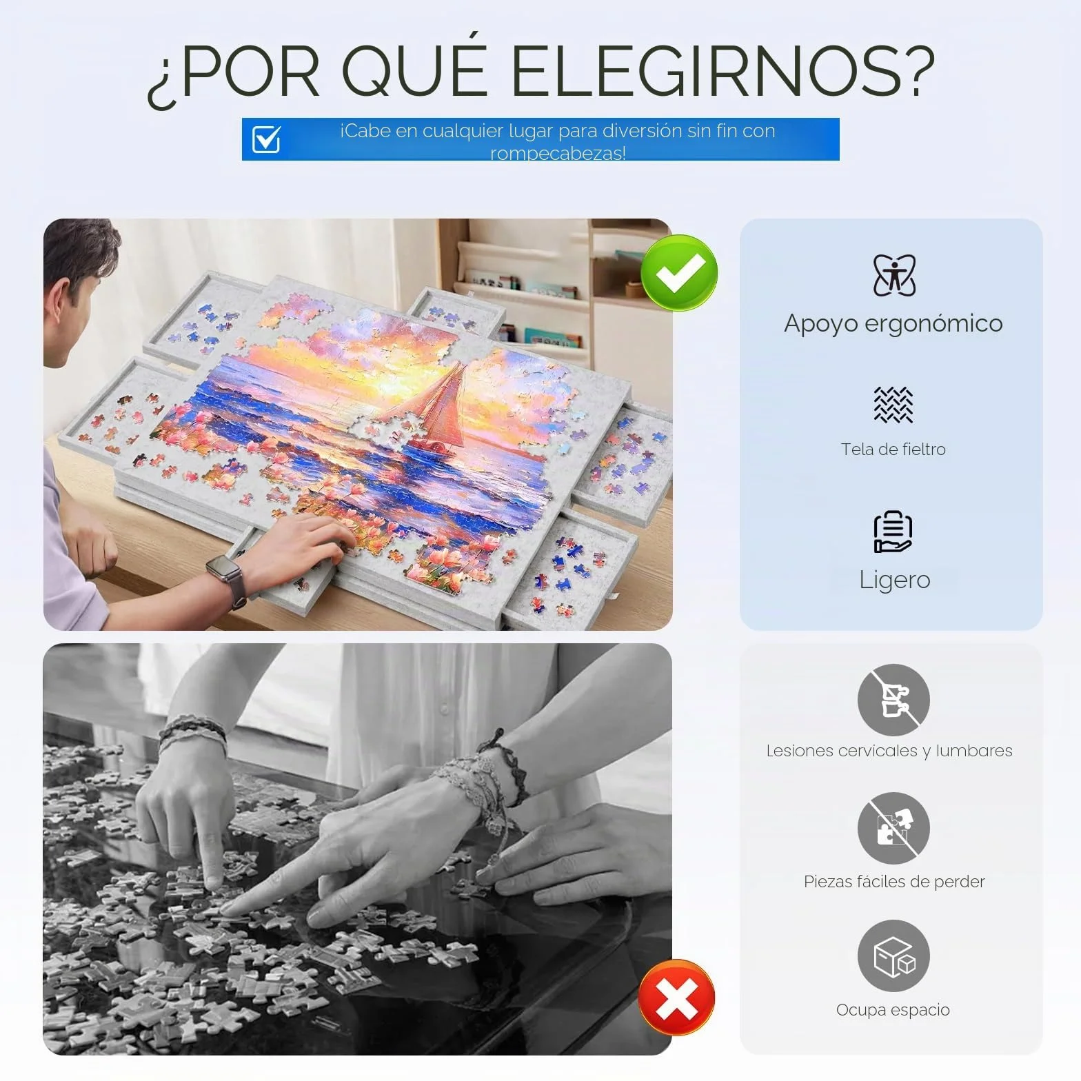 1000 Piezas Mesa de Rompecabezas con 6 Cajones, Mesa de Puzle Portátil, Puzzle Board de Fieltro Ligero, Rompecabezas de Caballete para Niños y Adultos (Gris)