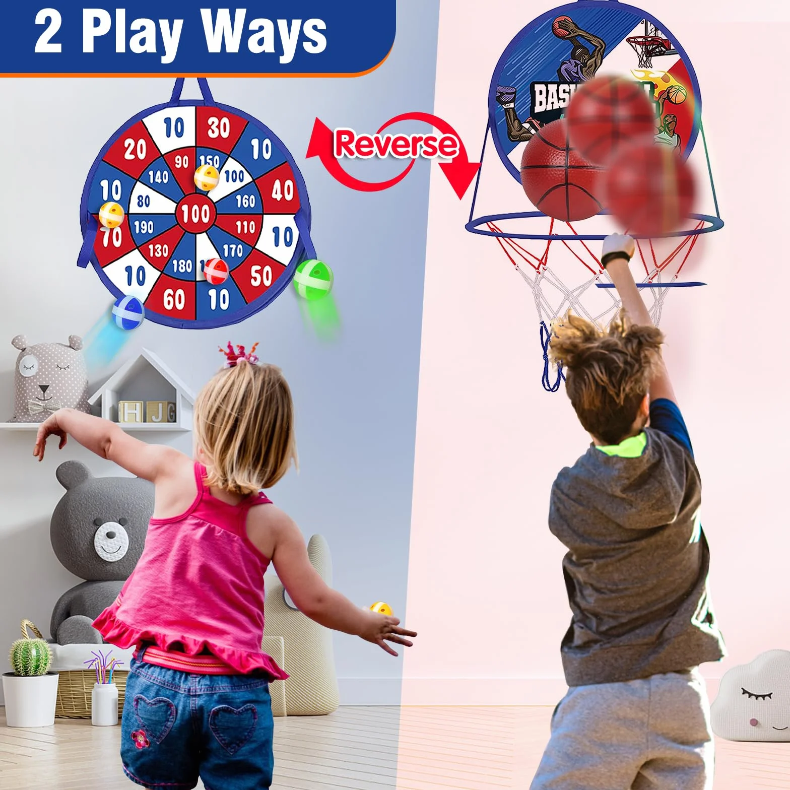 Canasta Baloncesto Infantil con Diana Dardos, 2 en 1 Diana Dardos y Mini Juguete de Canasta Baloncesto,Juguetes de Deporte Plegable para Interiores y Exteriores para Regalo de Niños y Niñas