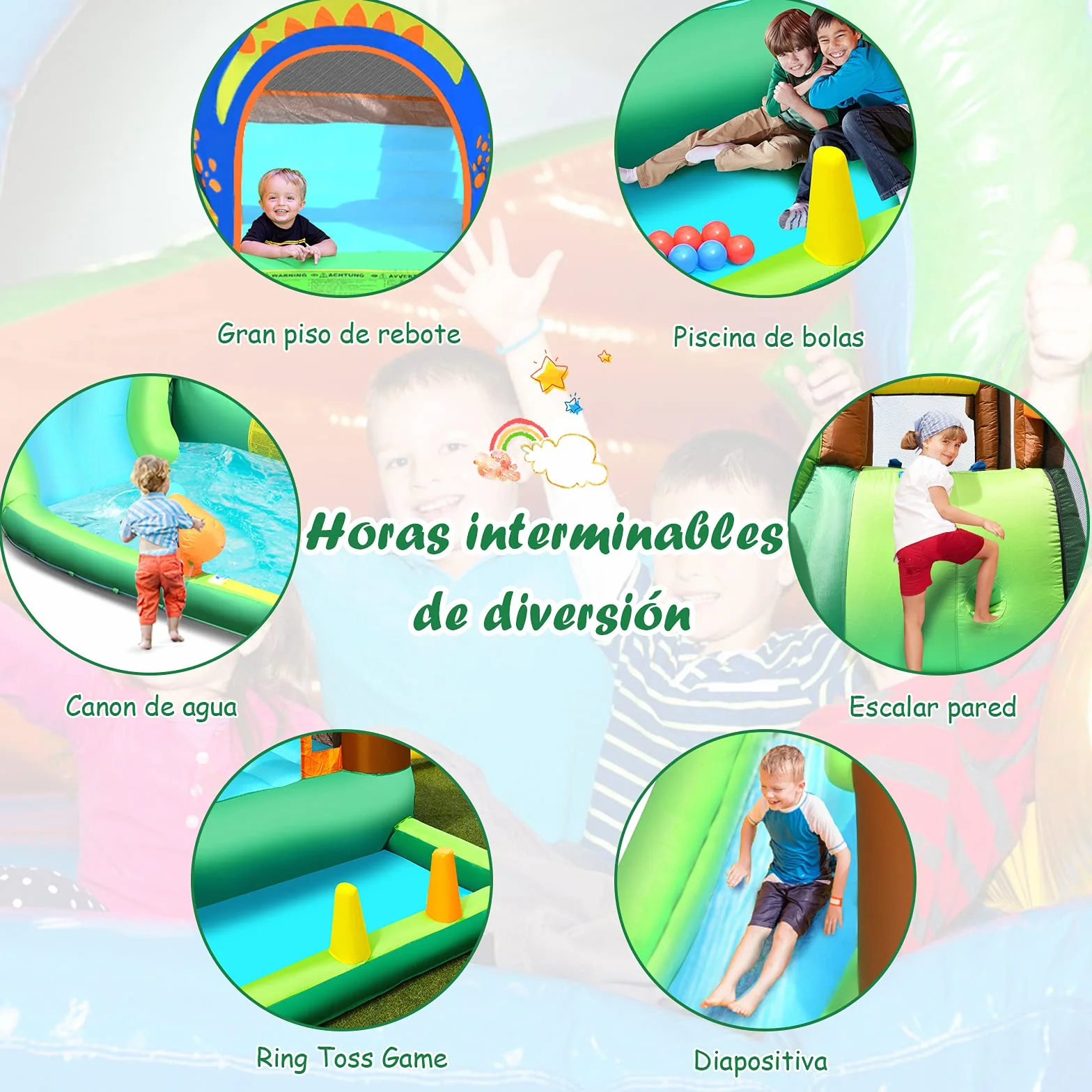 COSTWAY Parque Acuático Inflable con Tobogán, Tobogán Inflable en Tejido Oxford con Piscina Pared para Escalar Hidrante de Agua Casita Piscina con Pelotas, con Compresor