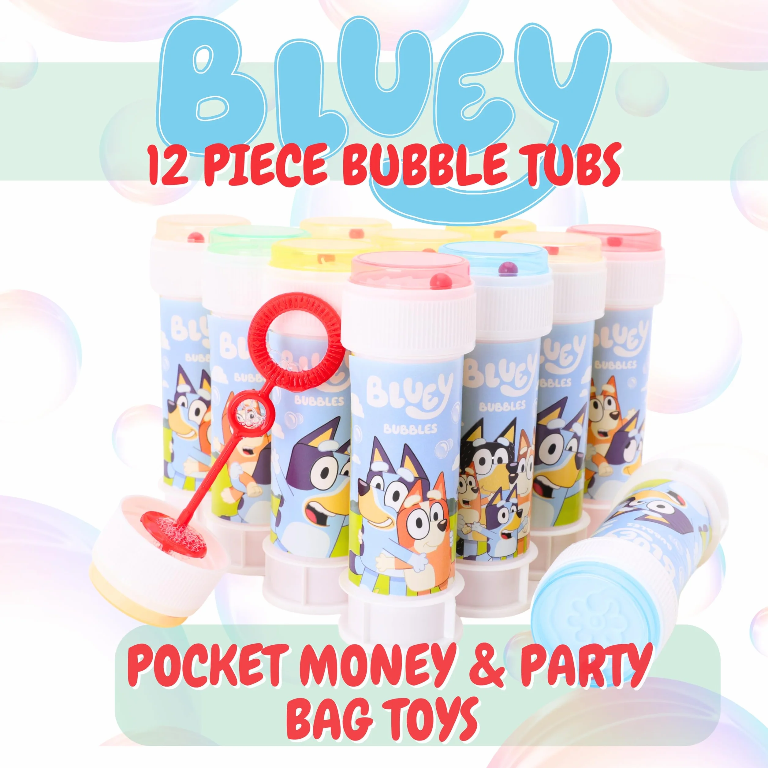 Toyland® Pack de 12 Bluey Botes de Burbujas con Varitas, Solución de 60ml y Tapa de Laberinto Novedosa - Juguetes para bolsitas de Fiesta y Dinero de Bolsillo