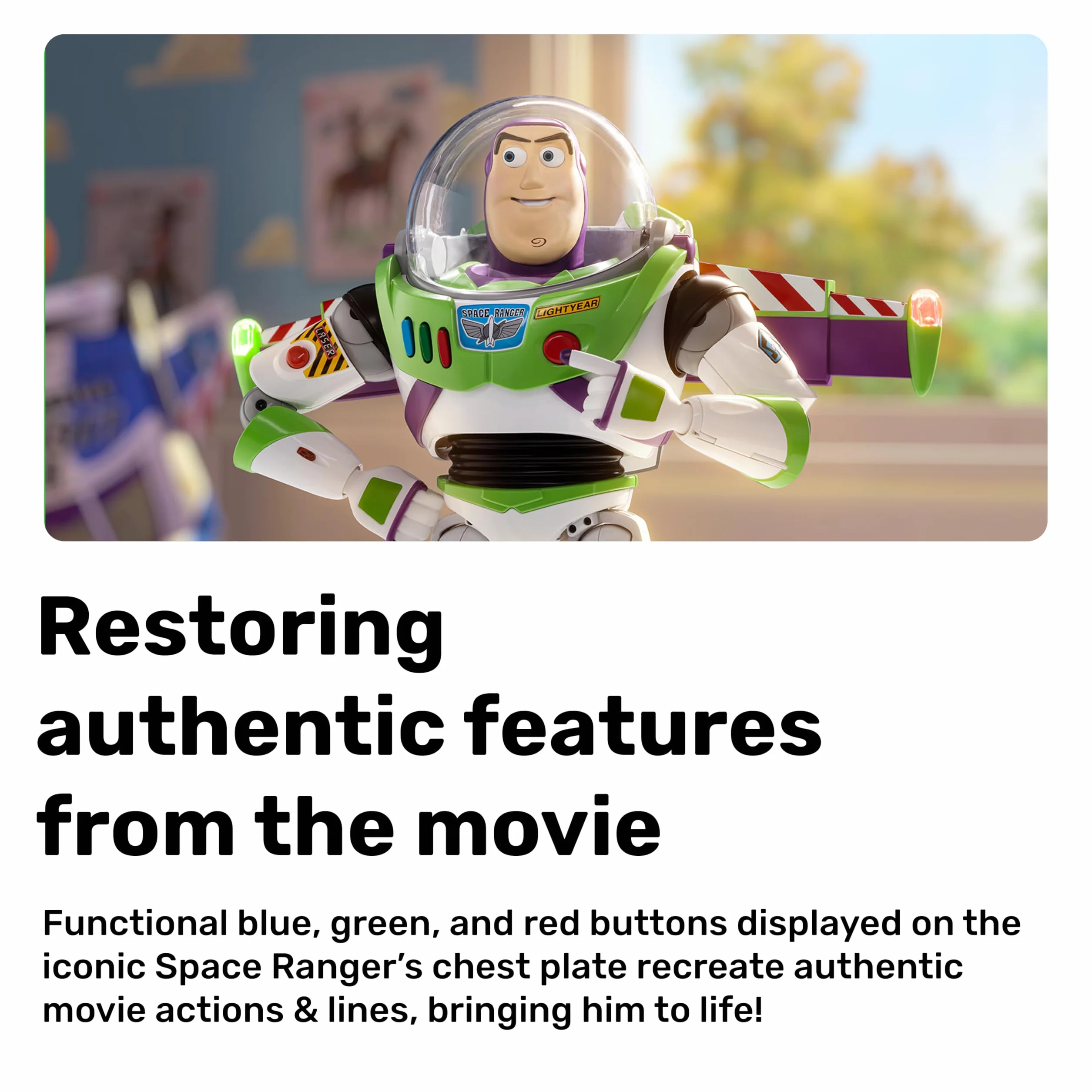 Robosen Robot Interactivo Buzz Lightyear – Control por Voz y App, Movimientos realistas, 200+ Clips de Audio, Modo Mini Teatro, acciones programables, alas Extensibles, láser y Efectos LED