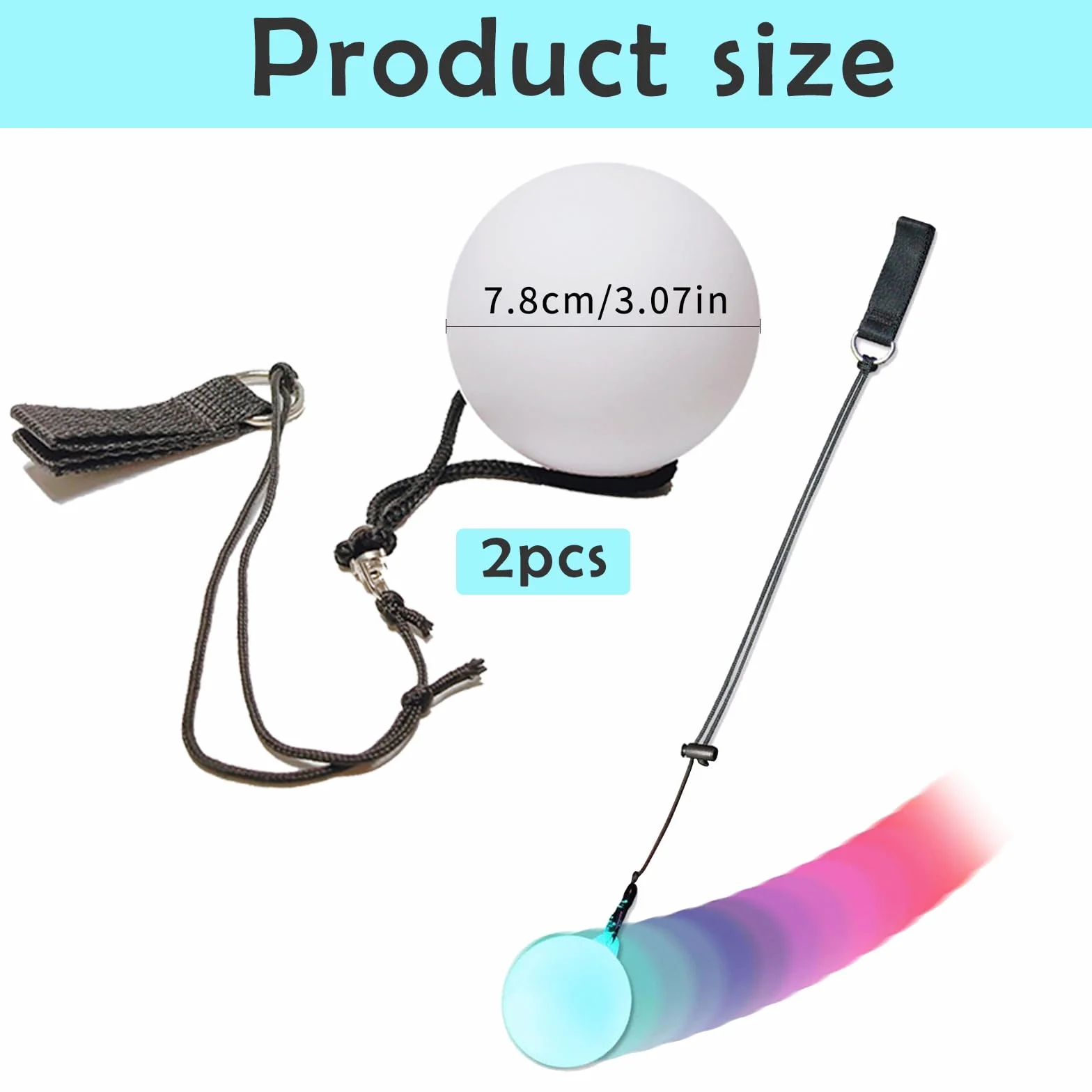 Juego de 2 bolas de poi LED luminosas, con colores arcoíris y efecto estroboscópico, juguetes de circo, juguetes spinning POI para niños y adultos