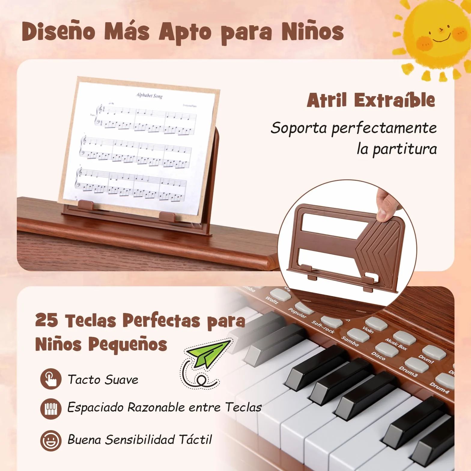 COSTWAY Piano Infantil de 25 Teclas con Taburete y Atril, Órgano Electrónico Niños con Velocidad y Volumen Ajustables, Modo de Enseñanza, Marco Madera, Instrumento Musical para Niños 3+ Años (Marrón)