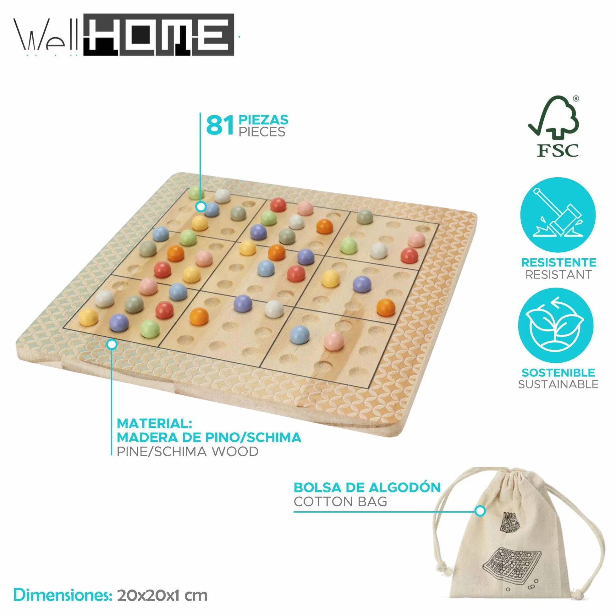 Desafío Sudoku Juego de Tablero en Madera con Bolsa de Algodón