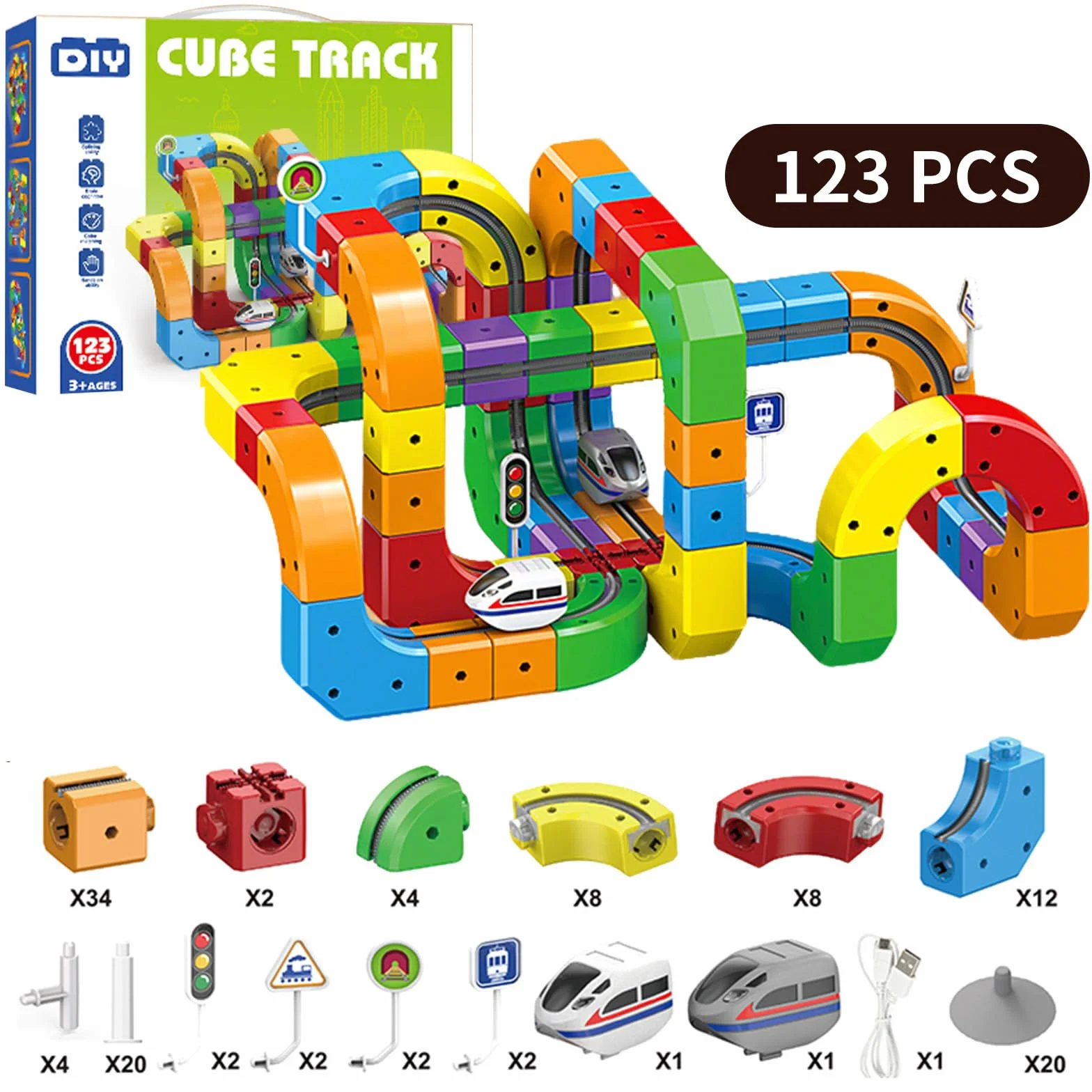 Clickrail Electric Train Set, DIY Cube Track, Cubix 3D Tren Magnetico Juguete con Gravedad Defying, Klickrail Block Bloques Mágicos y Tren Motorizado, Trens Eléctrico Regalo para Niños (123 Piezas)