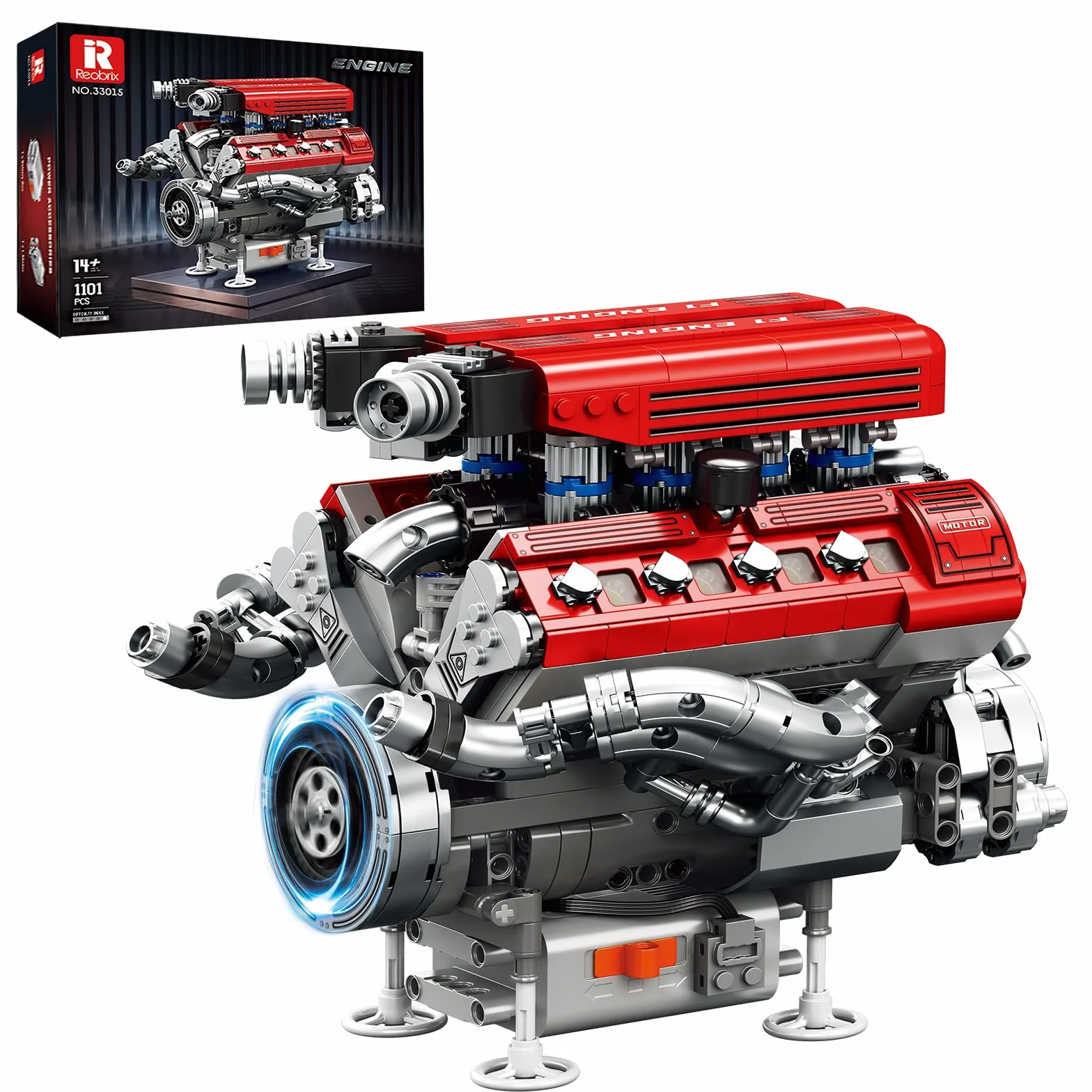 Reobrix 33015 Maqueta de Motor V8 para Adultos, Modelo Mecánico de Motor de Coche con Movimiento Realista, Pistones y Cigüeñal Funcionales, Maqueta de Exposición para Fans de Coches Deportivos y F1