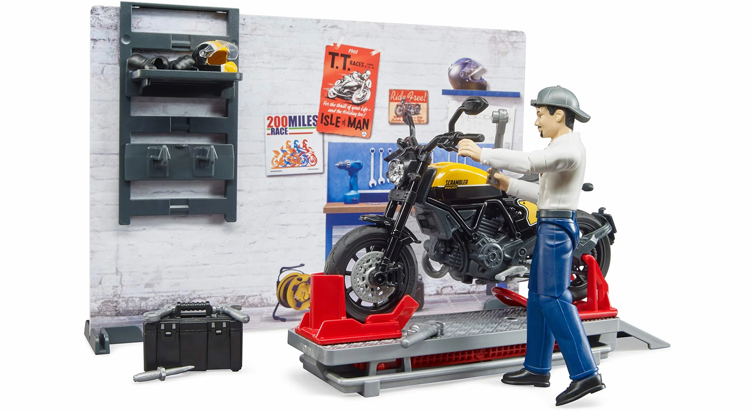 bruder 62102 - bworld taller de motos Scrambler Ducati Full Throttle con mecánico,taller, figura de juguete