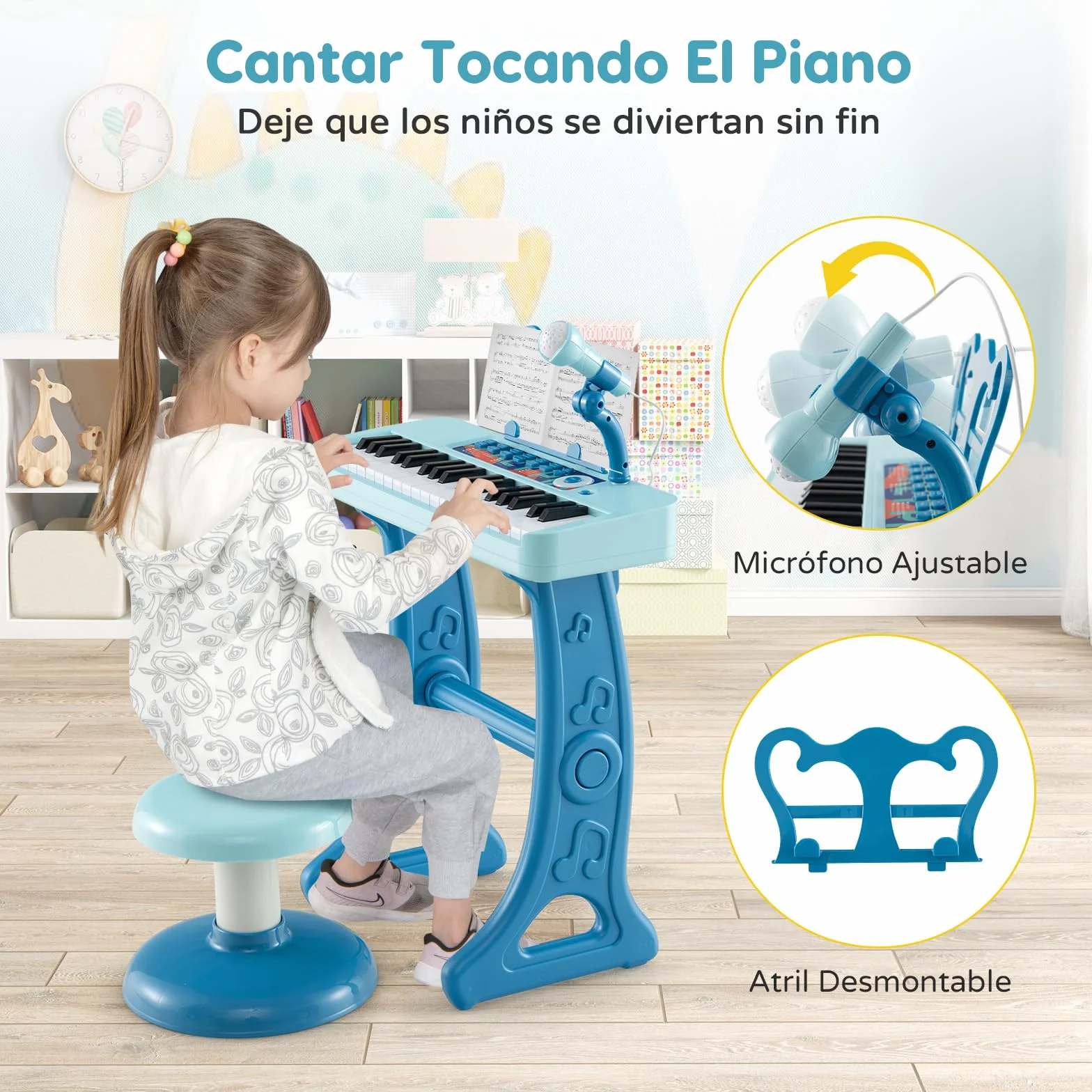 RELAX4LIFE Piano Infantil 37 Teclas con Micrófono, Taburete, Atril, Grabación y Reproducción, Volumen Ajustable, Karaoke Infantil con 22 Canciones, 4 Ritmos, 4 Instrumentos para Niños 3+ Años (Azul)