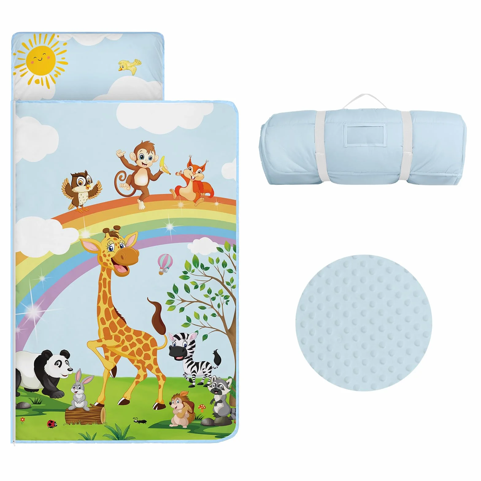 Saco de Dormir para Niños con Almohada y Manta Extra Gruesa Grande 2 en 1, Alfombrilla de Siesta para Niñas y Niños, Bolsa de Dormir Bebés para Preescolar Viajes Camping, Arco Iris Animal