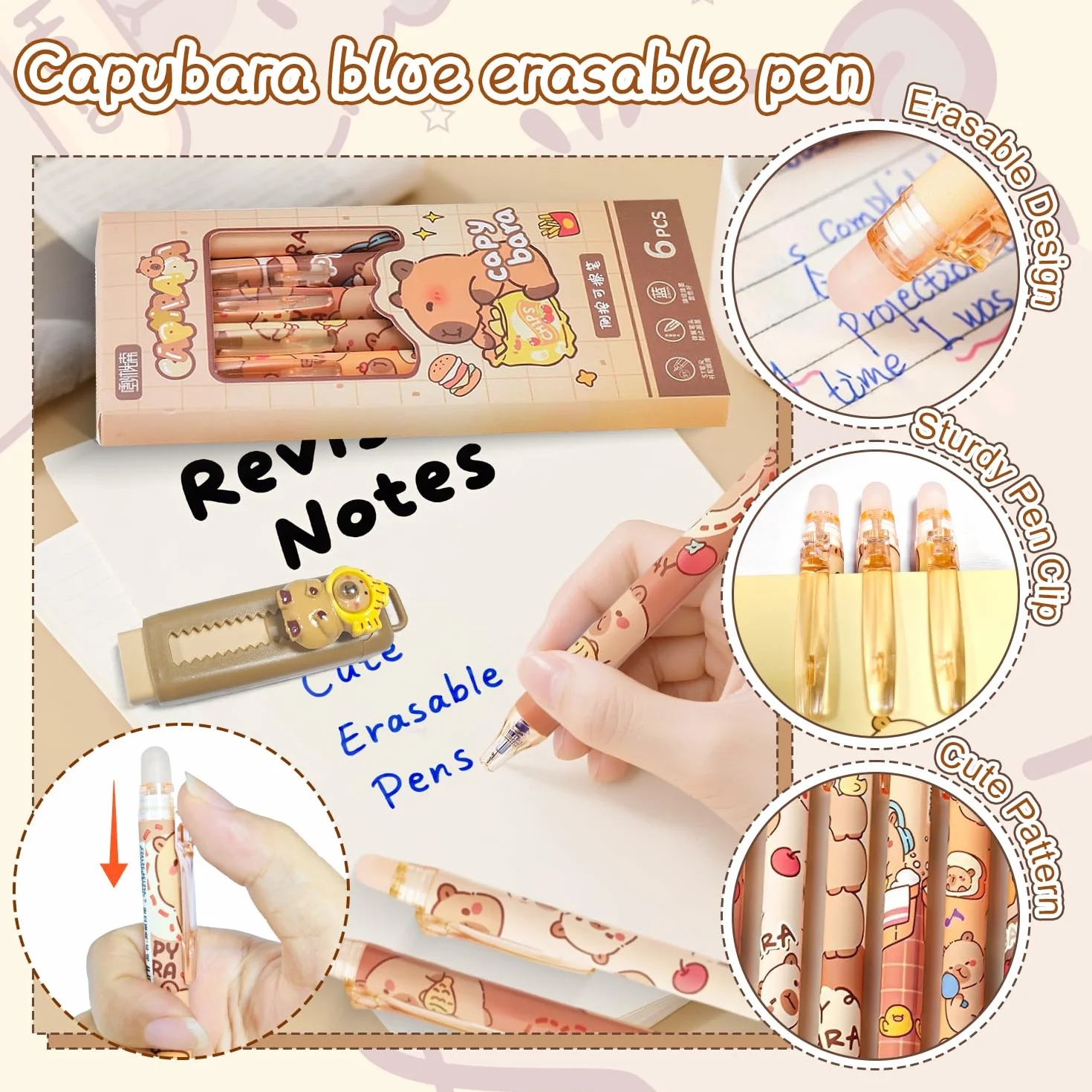 4 Gomas de Borrar Rretráctil Capibara 6 Boligrafos Borrable Azul Bolis Borrables Goma de Borrable Capybara Papeleria Set para estudiantes y adultos para la Escuela y Oficina(0,5 mm)