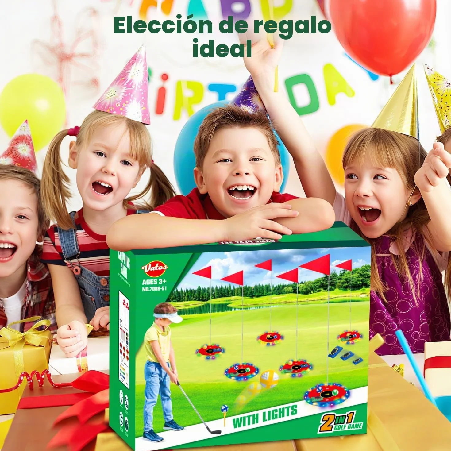 VATOS Juego de golf 2 en 1 con luz para niños - Juego de golf de astillado y lanzamiento de bolsa de puf con 6 objetivos LED, 2 palos, 18 bolas, juego de golf nocturno para fiesta en interiores al