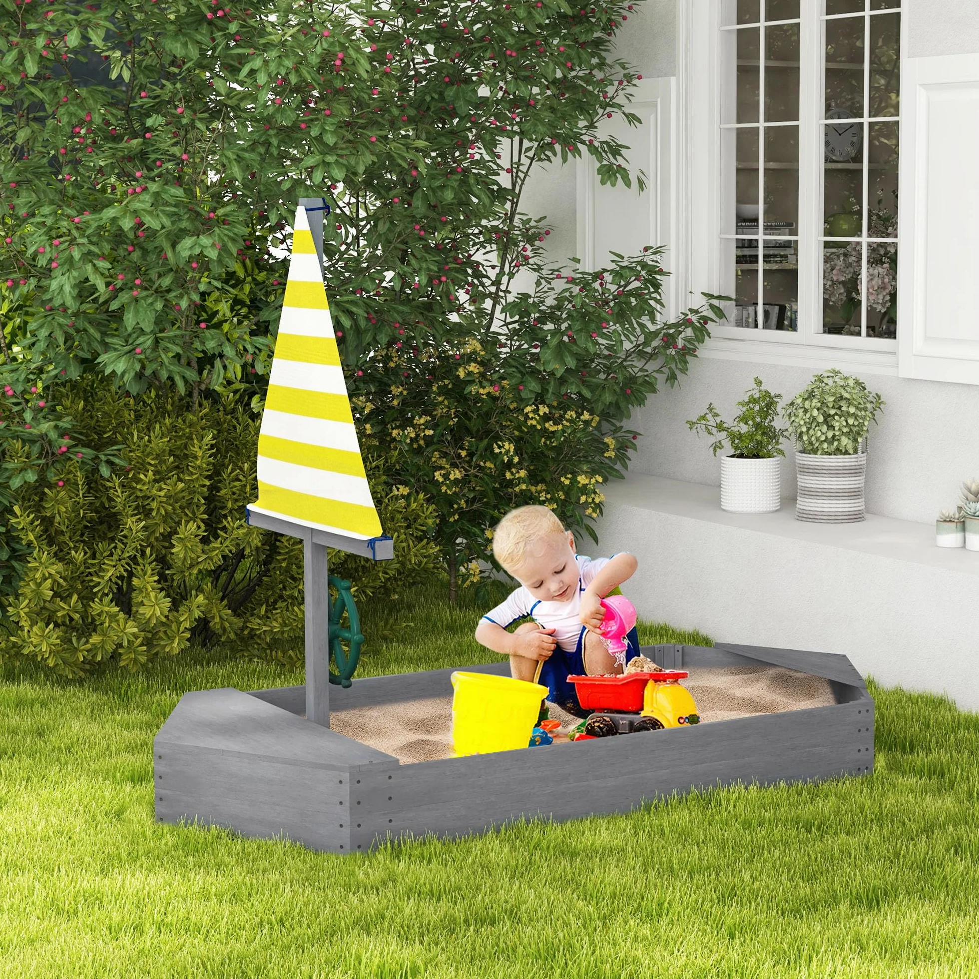 Outsunny Arenero para Niños de Madera Arenero Infantil con Bandera y Timón en Forma de Velero para Patio Jardín 190x90x138 cm GIRS Oscuro