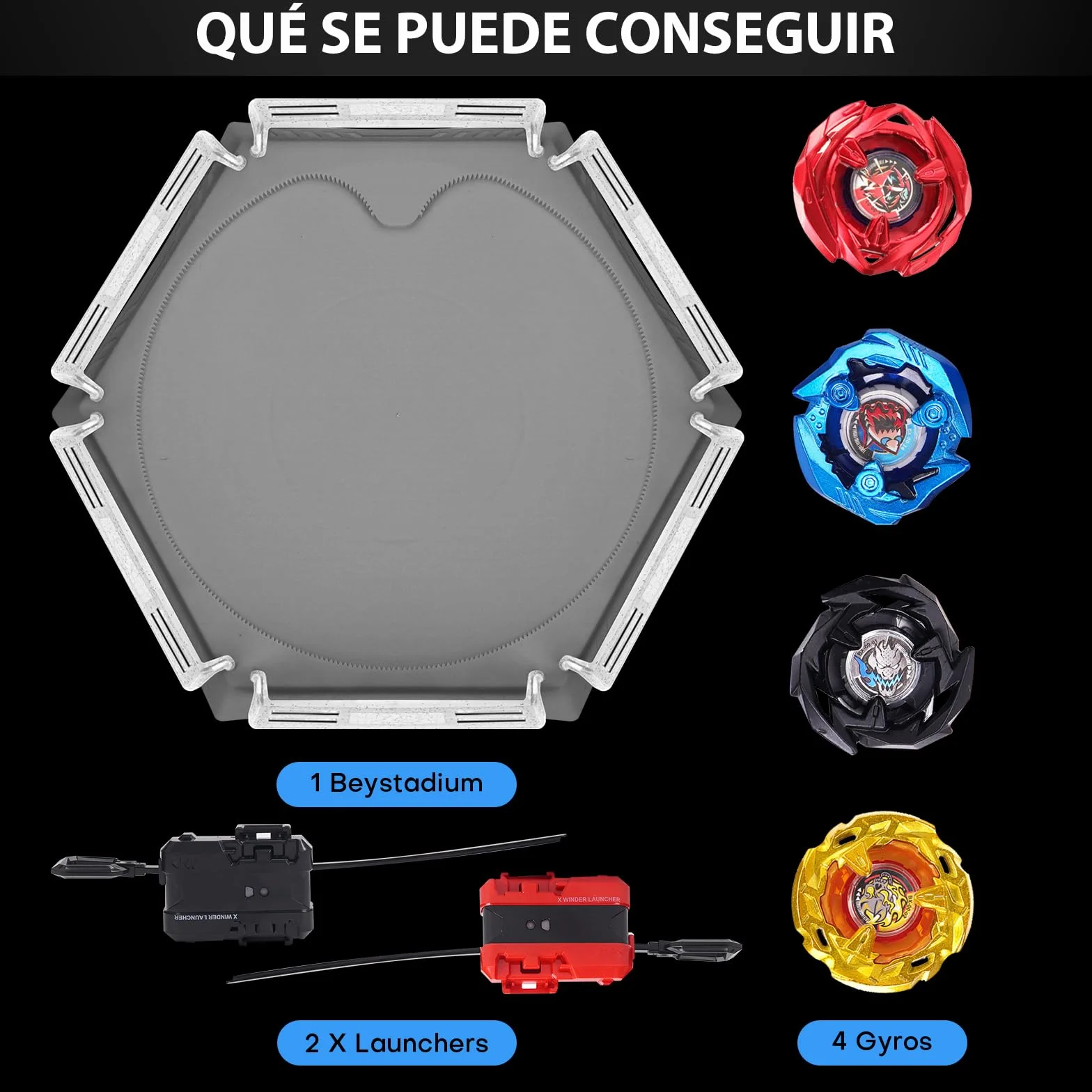 DEZAWRTY Set de Arena Gyro X Stadium con X Acceleration Rail – 4 peonzas de Combate, 2 lanzadores y Estadio, Arena de Batalla para niños a Partir de 6 años, Juguete de Combate para niños, Color Gris